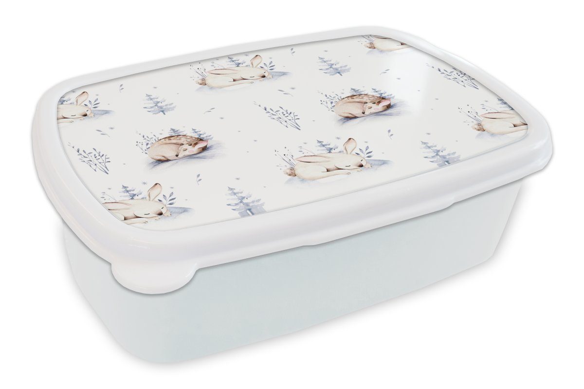 MuchoWow Lunchbox Winter - Hasen - Rehe, Kunststoff, (2-tlg), Brotbox für Kinder und Erwachsene, Brotdose, für Jungs und Mädchen weiß