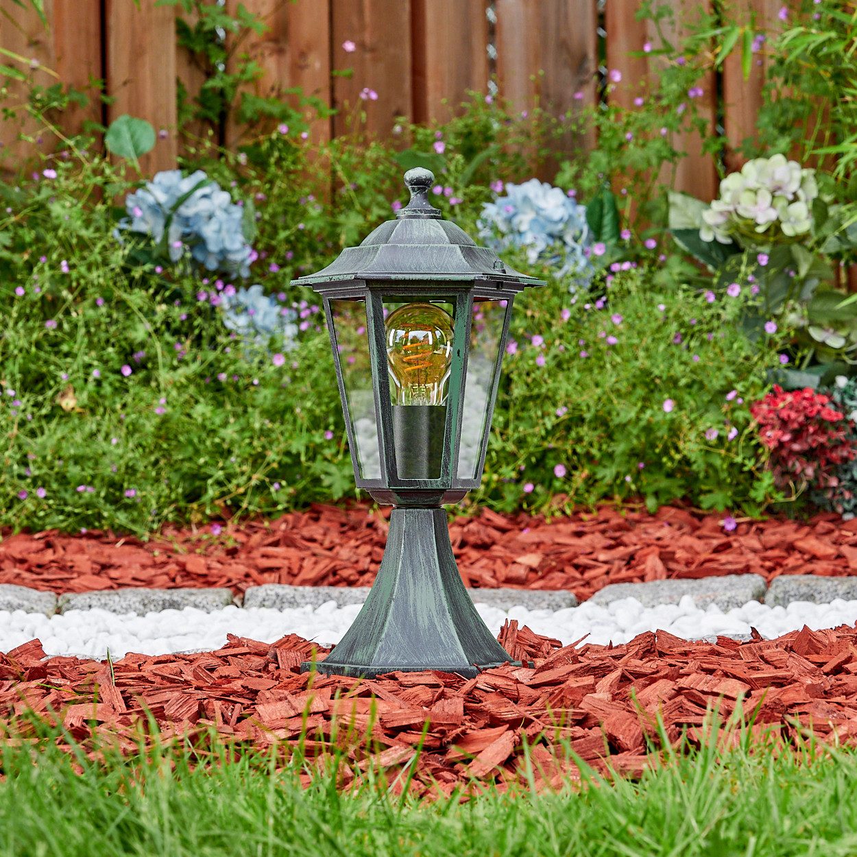 hofstein Pollerleuchte Sockelleuchte aus Metall/Glas in Schwarz-Grün/Klar, ohne Leuchtmittel, antiker Look Wegeleuchte, Gartenlampe, Gartenbeleuchtung IP44, 1 x E27