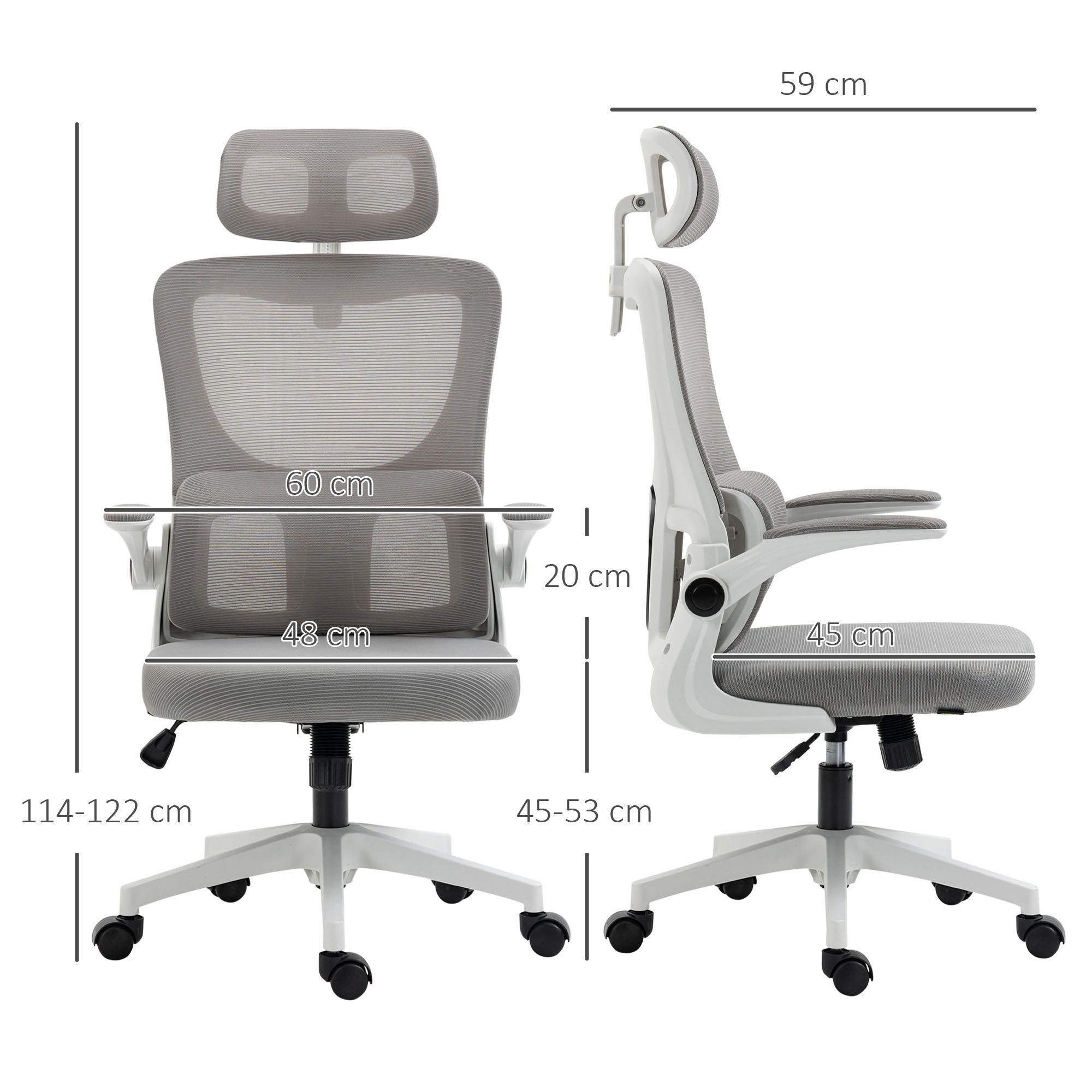 Vinsetto Bürostuhl Ergonomisch, Schreibtischstuhl mit Verstellbar Armlehne (Drehstuhl, 1 St), Computerstuhl mit Lendenstütze, Mesh, Grau