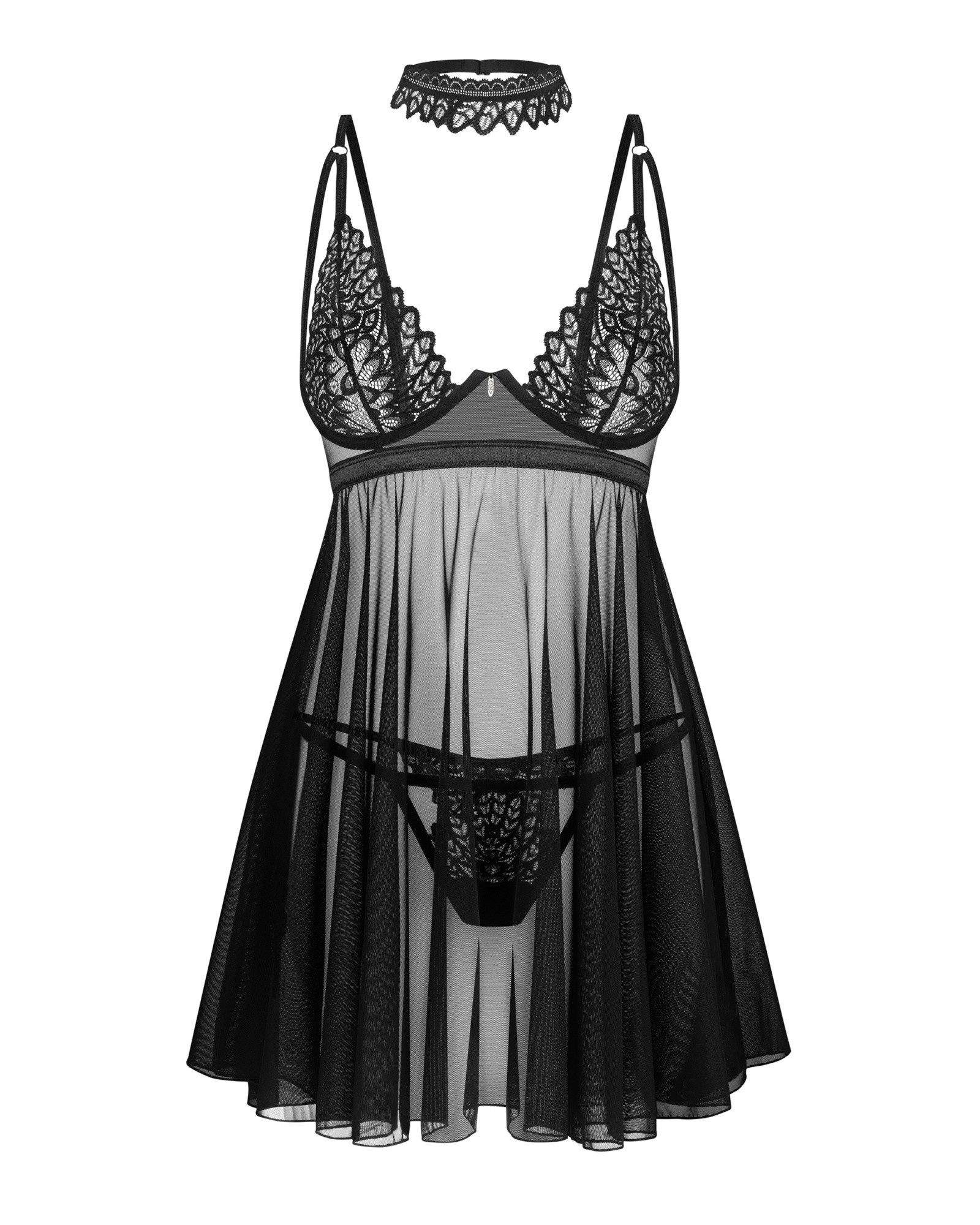 Obsessive Negligé Dessous-Set: Babydoll und String - schwarz (3-tlg) transparent