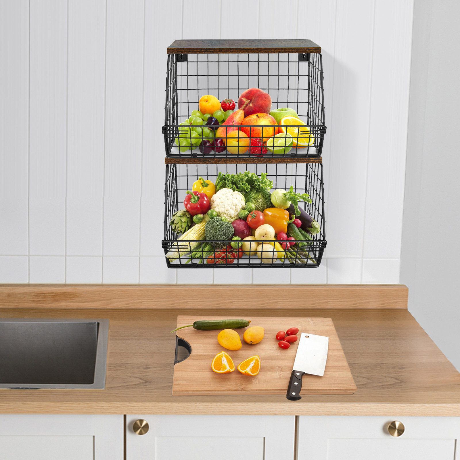 JEOBEST Obstschale Küchen organizer Mit Holzdeckel, Metall Hängender Obstkorb, 2 Etagen, Rostfreies, Kohlenstoffstahl, Abnehmbare Körbe – Bild 3 von 5