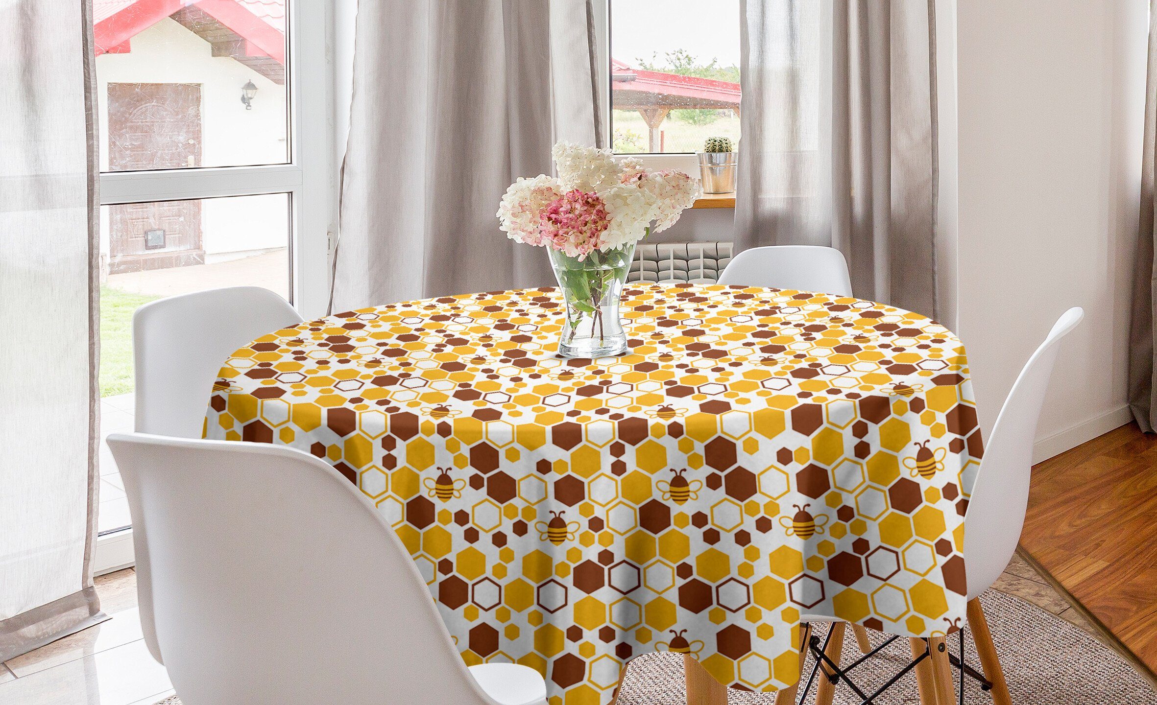 Abakuhaus Tischdecke Kreis Tischdecke Abdeckung für Esszimmer Küche Dekoration, Insekten Bienen und Unregelmäßige Hexagons
