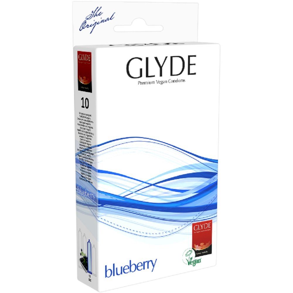 Glyde Kondome Glyde Ultra «Blueberry» blaue Kondome mit Blaubeer-Aroma Packung mit, 10 St., Zertifiziert mit der Veganblume, Gefühlsecht & Reißfest