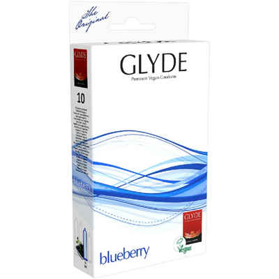 Glyde Kondome Ultra Blueberry - blaue Kondome mit Blaubeer-Aroma Packung mit, 10 St., vegane Kondome ohne Casein, Zertifiziert mit der Veganblume, Gefühlsecht & Reißfest