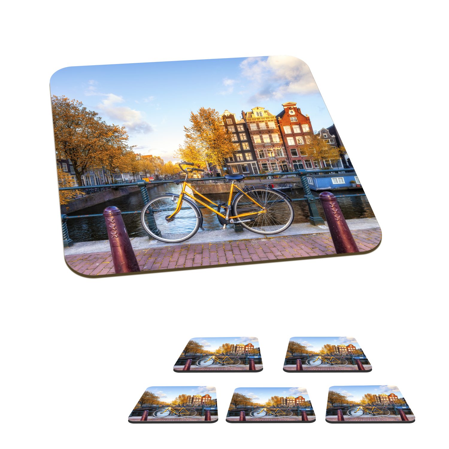 MuchoWow Glasuntersetzer Fahrrad vor der Gracht mit Blick auf die Amsterdamer Architektur, Zubehör für Gläser, 6-tlg., Glasuntersetzer, Tischuntersetzer, Korkuntersetzer, Untersetzer, Tasse
