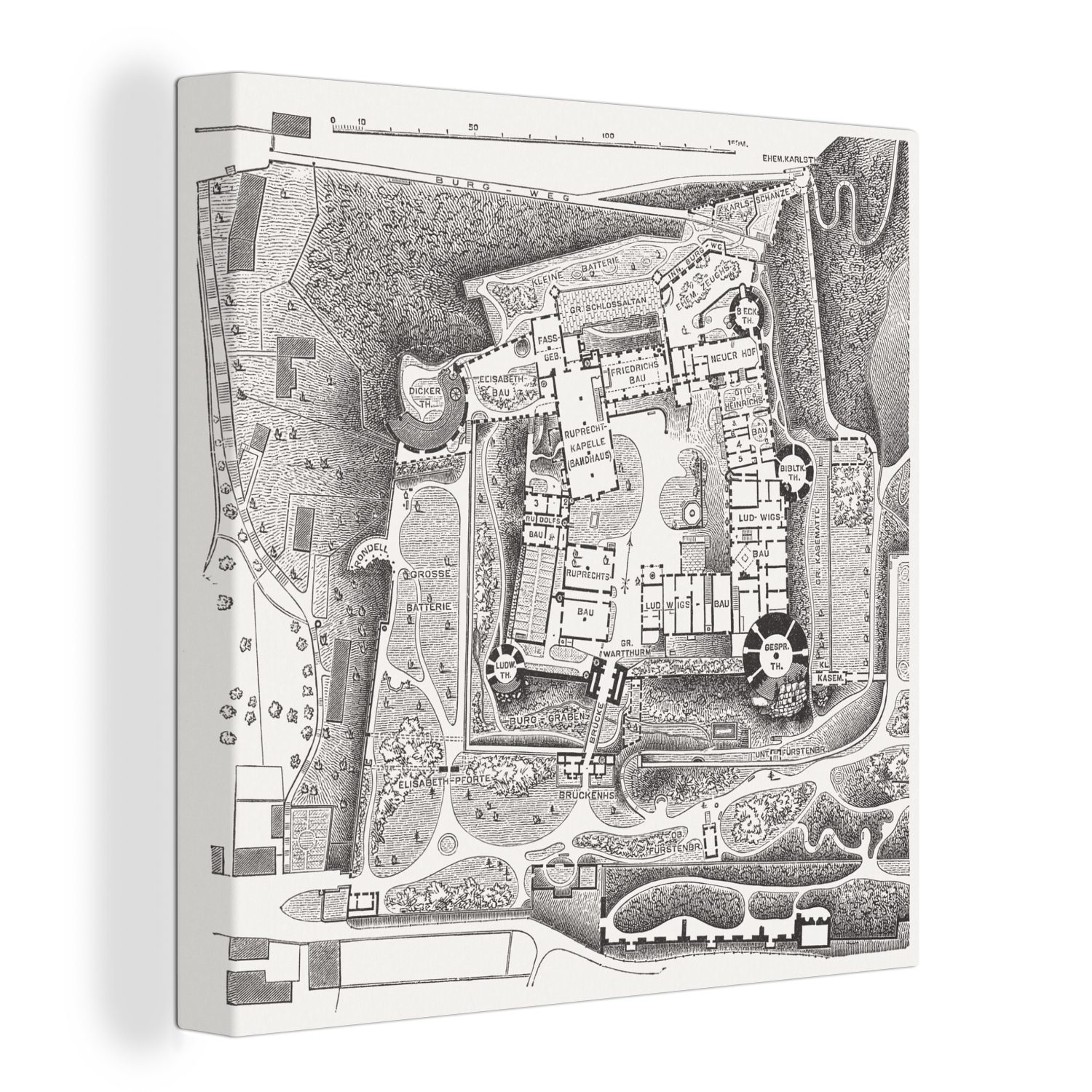 OneMillionCanvasses® Leinwandbild Eine Illustration des Grundrisses des Heidelberger Schlosses aus, (1 St), Leinwand Bilder für Wohnzimmer Schlafzimmer