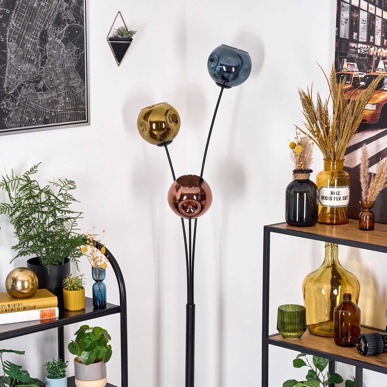 hofstein Stehlampe Stehlampe aus Metall/Glas in Schwarz/Blau/Gold/Kupfer, Leuchte im Retro/Vintage-Design (15 cm), Fußschalter, 170 cm, E14