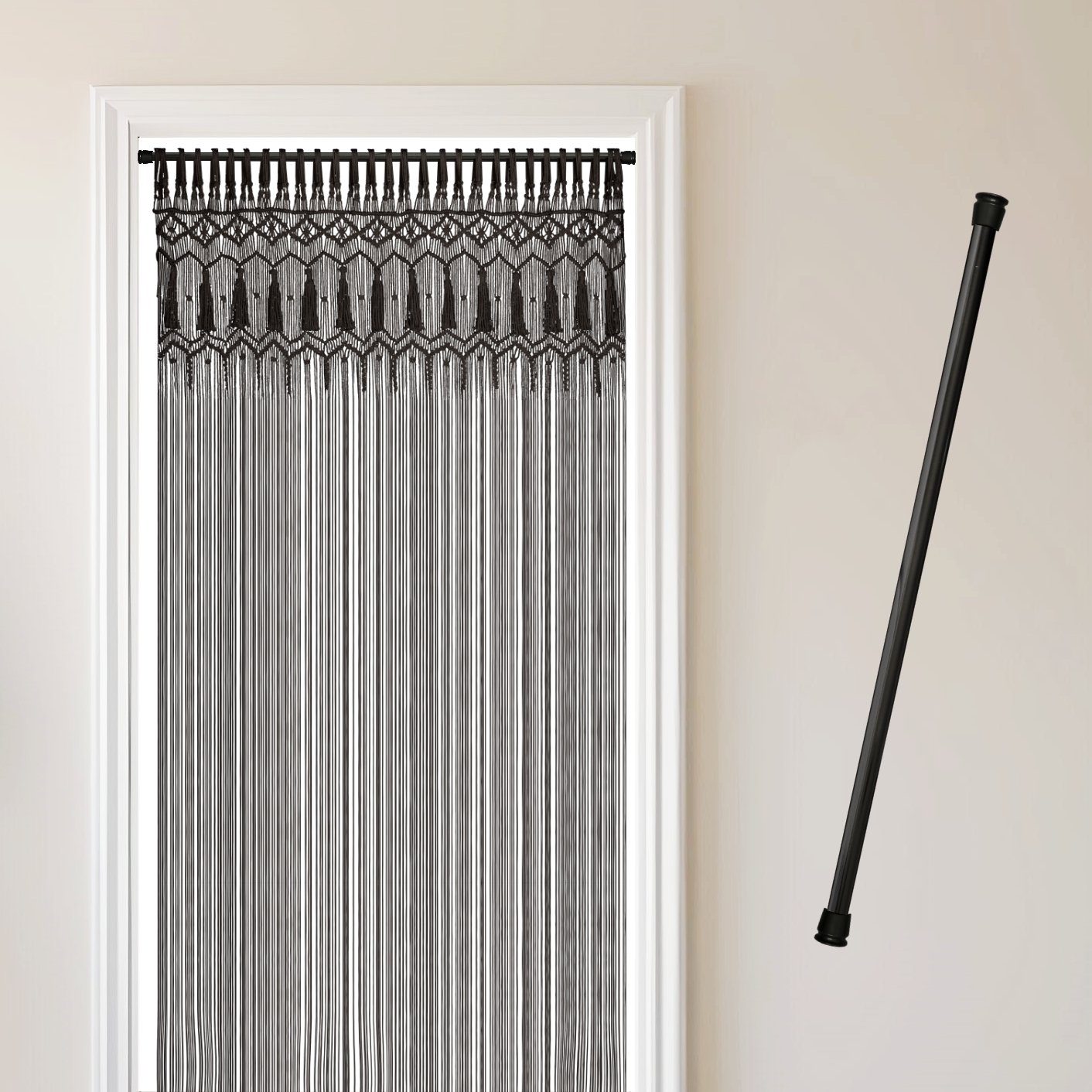 Cozyor Türvorhang Makramee 132 x 200 cm Boho Vorhang Fenstervorhang Raumteiler (1 St), Schlaufen, Baumwolle, mit Klemmstange ohne Bohren schwarz, Wandteppich Raumtrenner