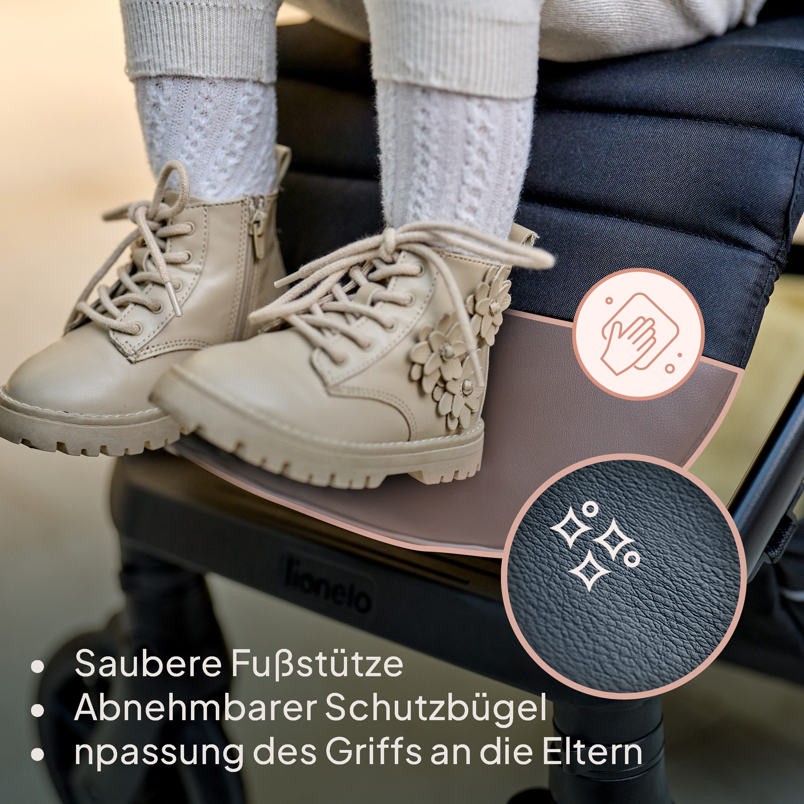 lionelo Kinder-Buggy MIRA, (Set mit Getränkehalter und Moskitonetz), XXL-Verdeck/UPF50+/92 cm Liegefläche/großer Korb/PU-Räder