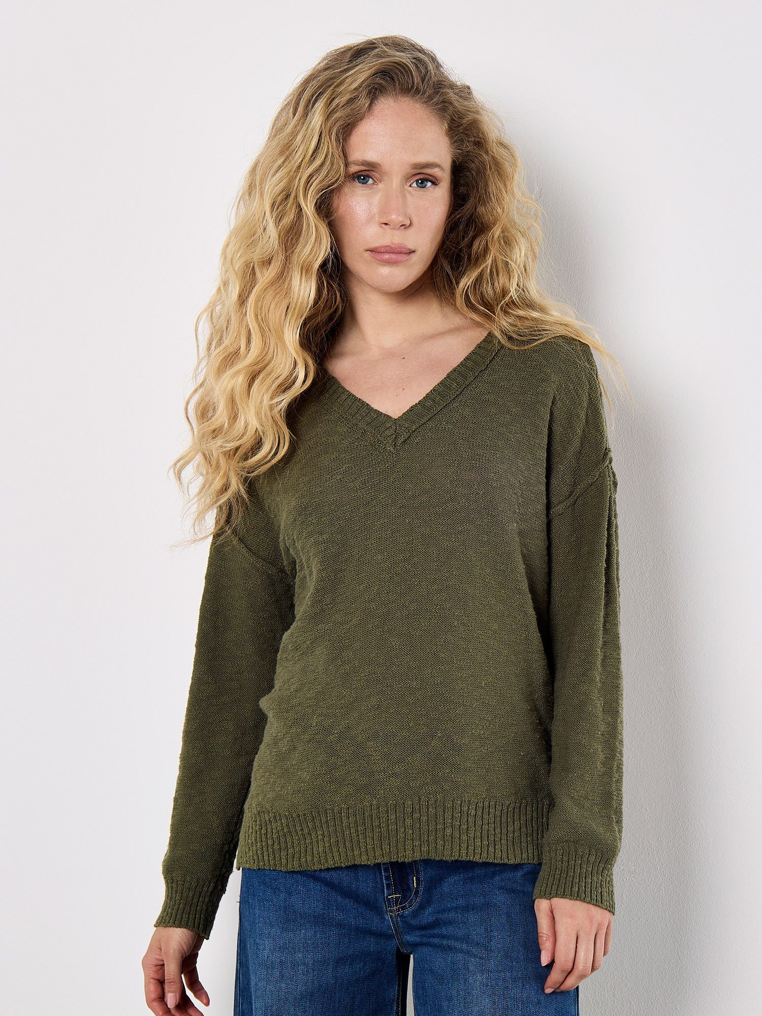Apricot V-Ausschnitt-Pullover Leichter Baumwollpullover mit sichtbaren günstig online kaufen