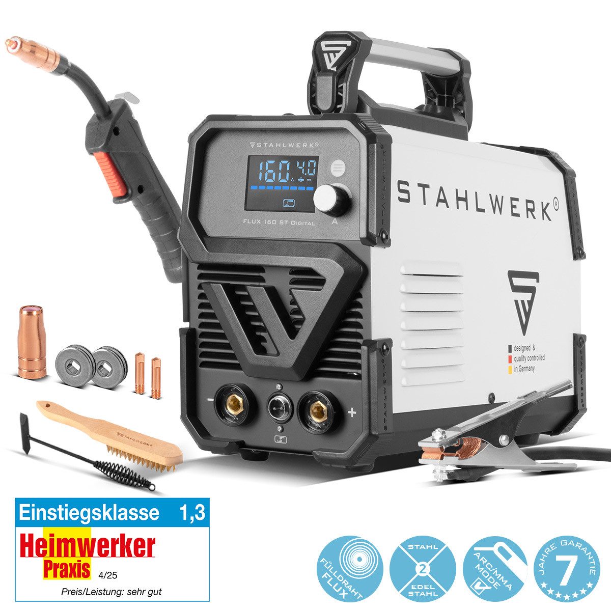 STAHLWERK Fülldrahtschweißgerät Schweißgerät FLUX 160 ST Digital mit 160 A, 40 - 160 A, Packung, 1-tlg., Einzelgerät, synergischem Drahtvorschub