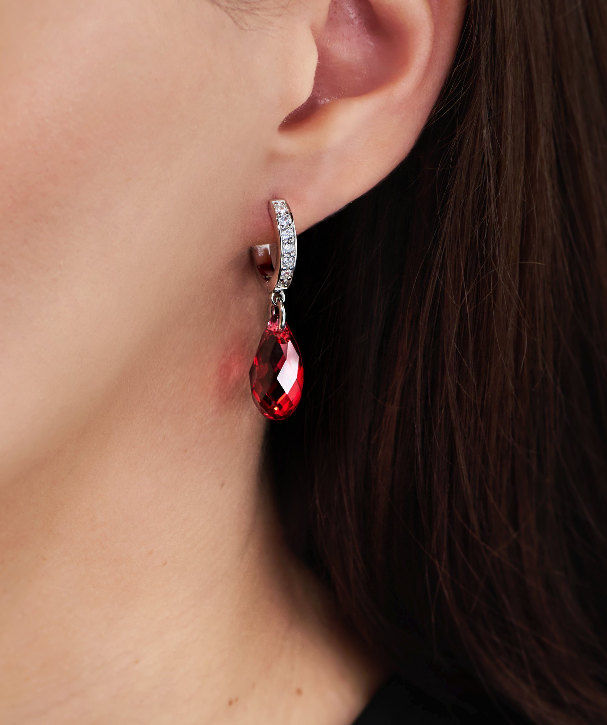 Ohrhänger Markenkristall Tropfen-Kristall 17mm mit Rhodium, Schöner-SD 925 Damen Silber Paar Creolen Hängeohrringe Scarlet Rot