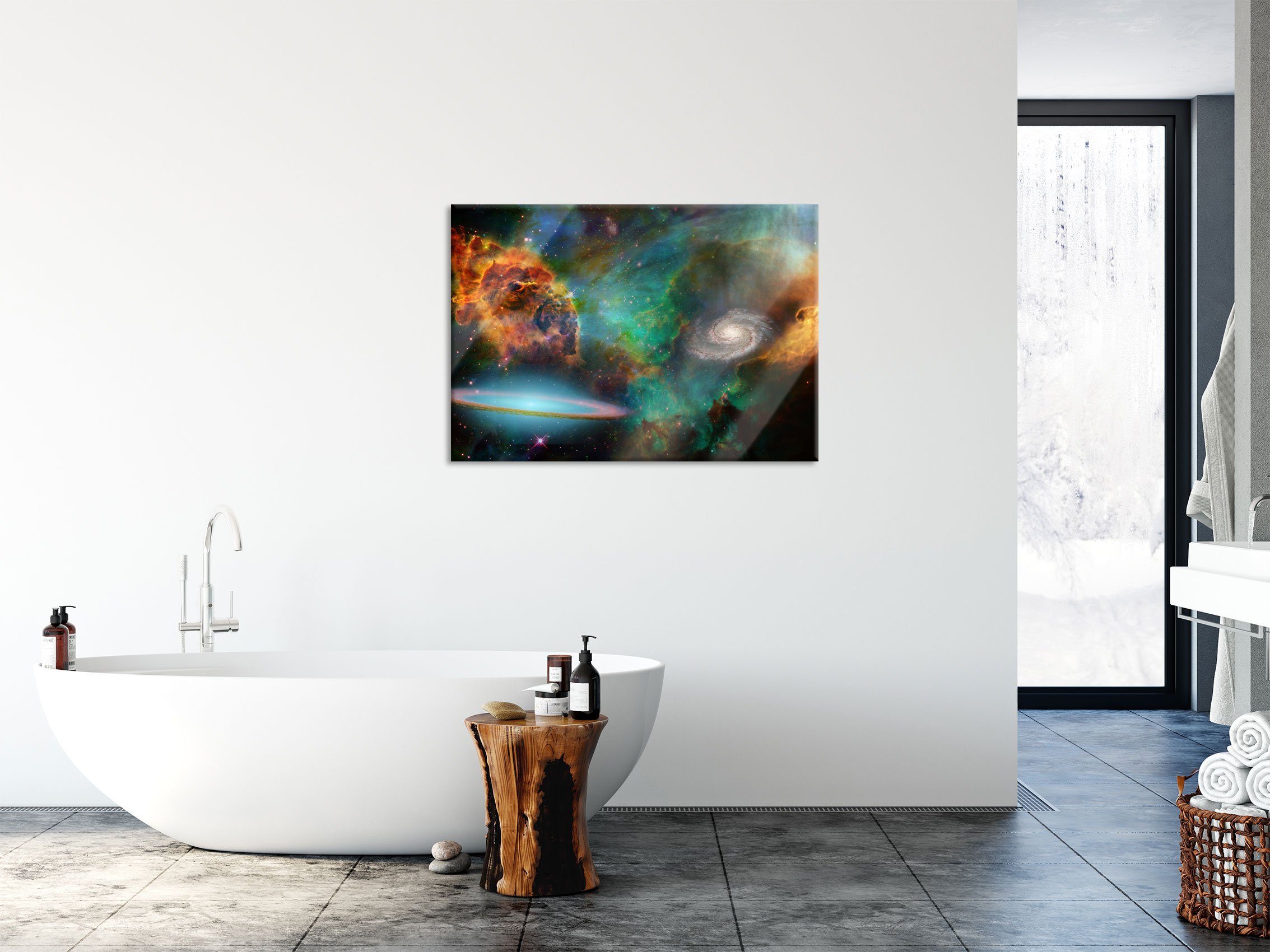 Abstandshalter mit Galaxie Glasbild Aufhängungen Sternennebel Echtglas, Glasbild und mit aus (1 Sternennebel, Galaxie inkl. St), Pixxprint