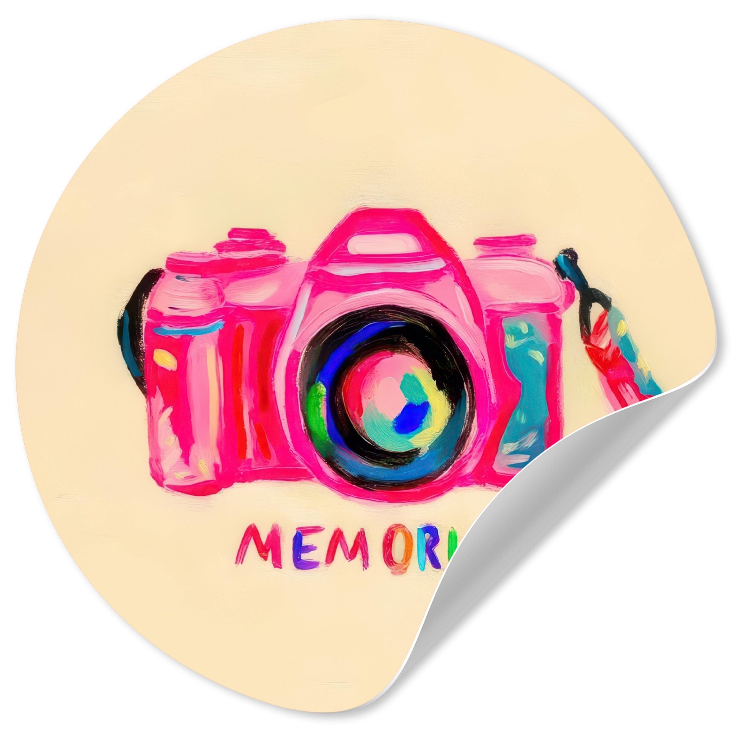 MuchoWow Wandsticker Kamera - Erinnerungen - Rosa - Gemalt (1 St), Tapetensticker Selbstklebend, Wandbild Wohnzimmer, 80x80 cm