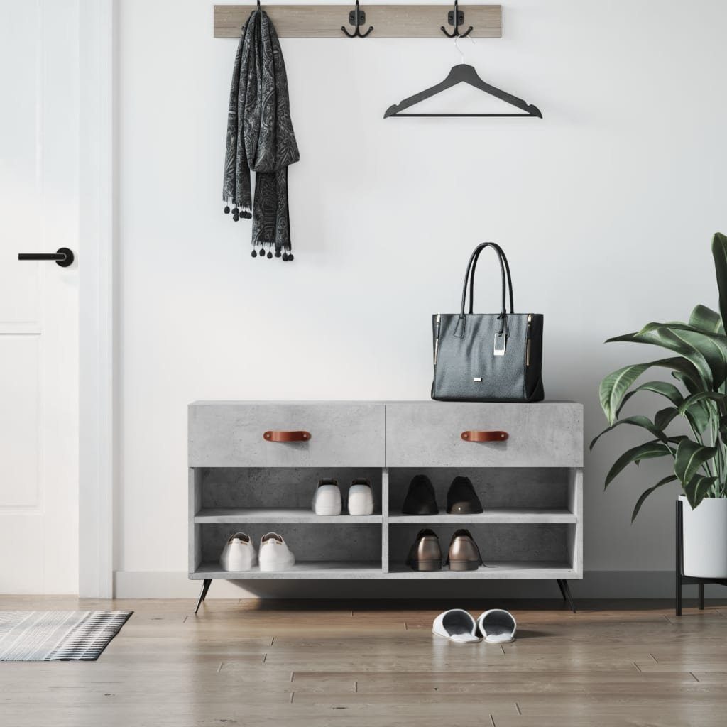 furnicato Schuhbank Betongrau 102 x 35 x 55 cm aus Holzwerkstoff und Eisen (1-St), Sitzbank mit 2 Schubladen, 4 Fächern und stabiler Wandhalterung