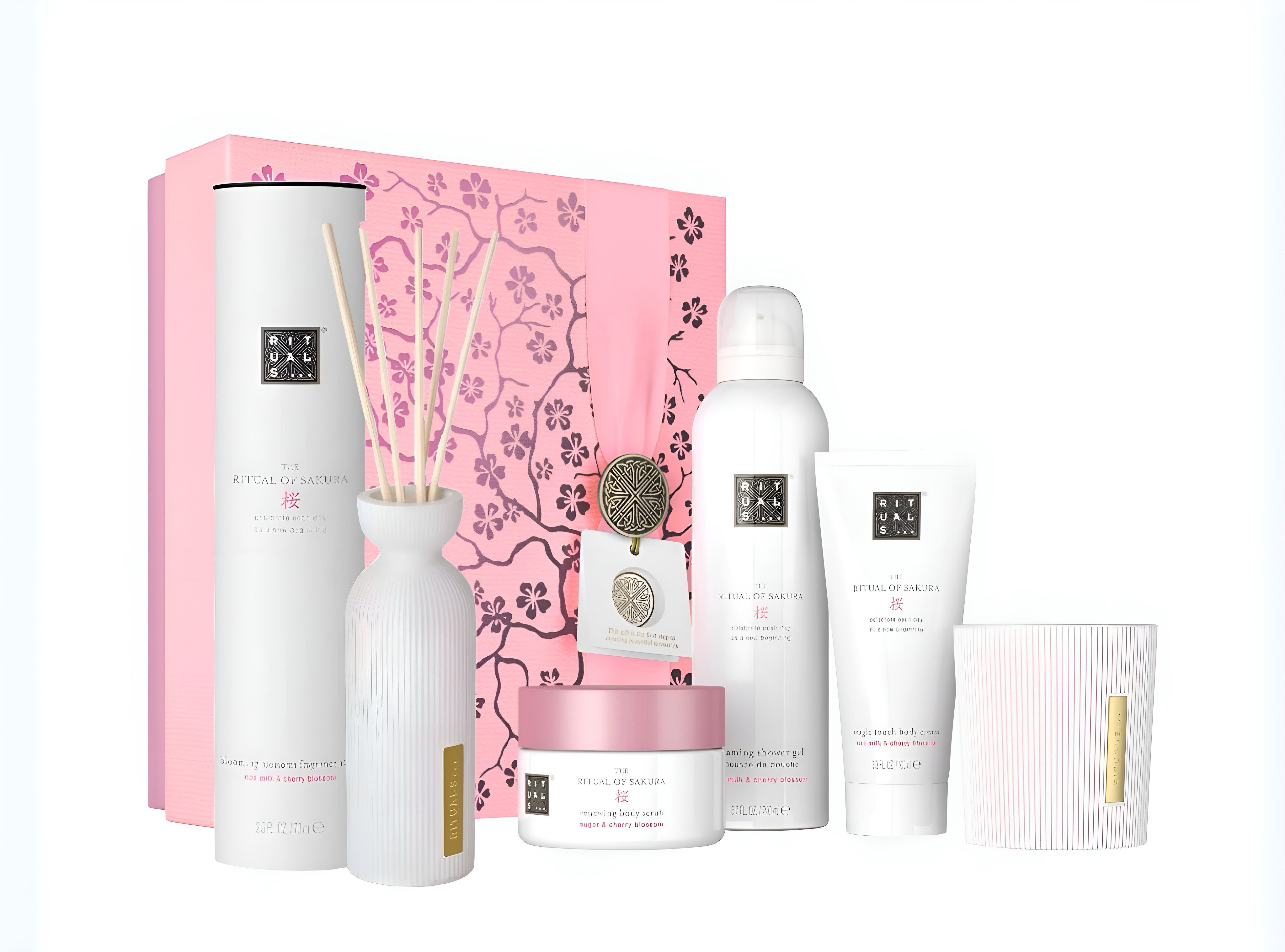 Rituals Pflege-Geschenkset The Ritual of Sakura Duftkerze Körperpeeling Duftstäbchen Pflegeset, Geschenkset, 6-tlg., Körpercreme, Reismilch, Kirschblüte, Luxuspflege, Beauty-Routine.