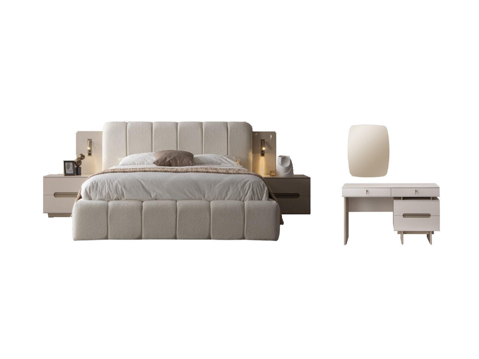 Villa Möbel Schlafzimmer-Set Maldiv, (Schlafzimmer-Set, 4-tlg., Bett mit Kopfteil, 2 Nachttische und Kommode), Polsterbett Beleuchtung Kommode Spiegel 2 Nachttische