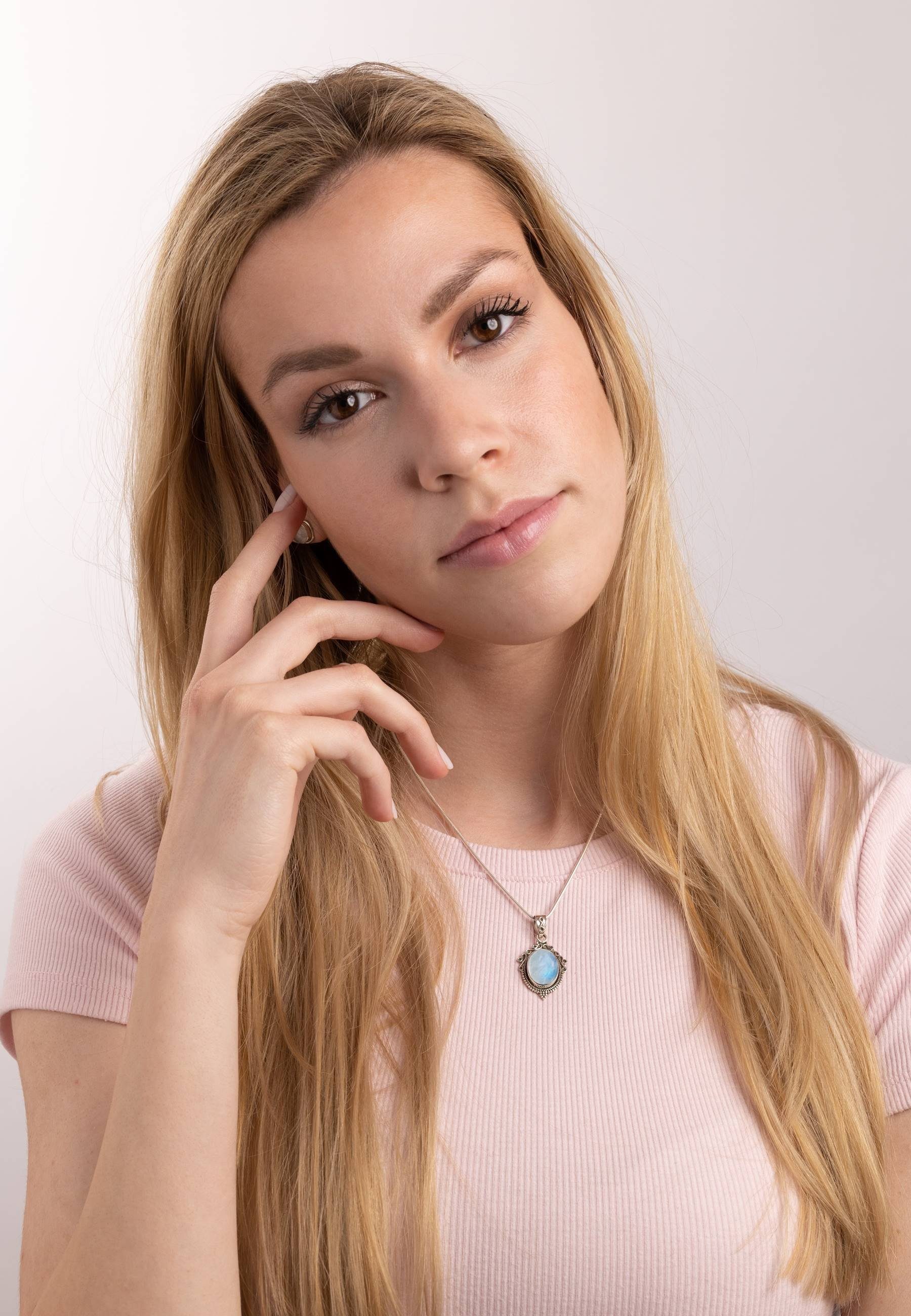 mantraroma Schmuckset 925er Silber mit Regenbogen Mondstein (Schmuckset aus 925 Silber)