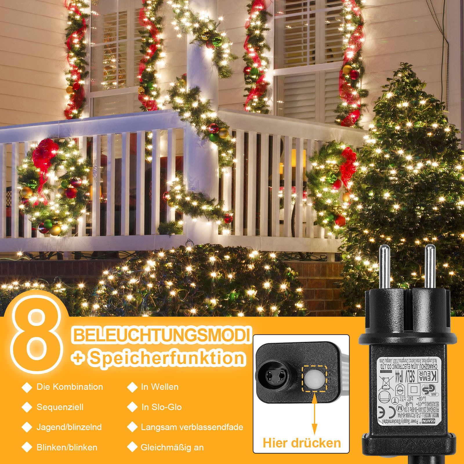 Rosnek Lichterkette 20M/30M/50M/100M 31V DC LED-Lichterkette, Timer, Speicherfunktion, 8 Modi für Zuhause Garten Hof Hochzeit Weihnachtsfeier Feiertag – Bild 3 von 5
