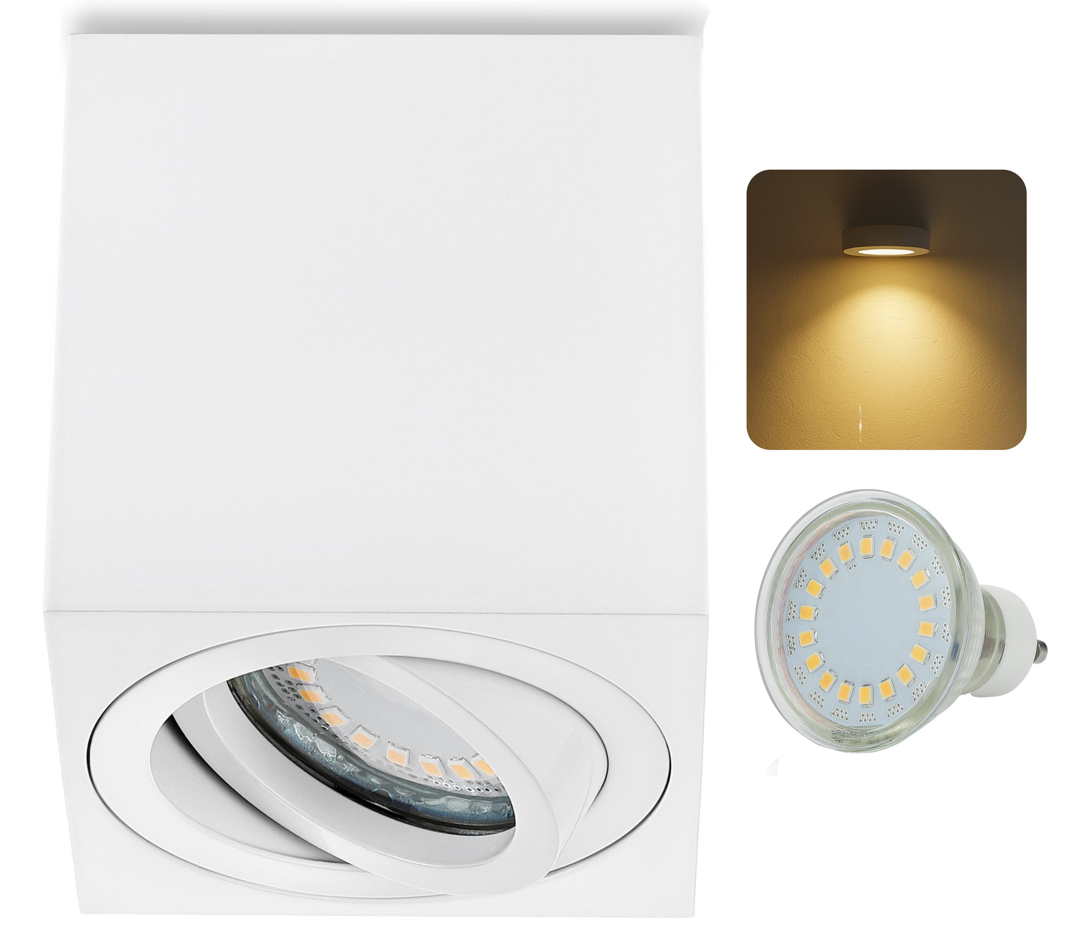 Sweet LED LED Aufbaustrahler Eckig GU10 5W 430lm Aluminium schwenkbar 230V, schwenkbar, LED wechselbar, Warmweiß, GU10 LED Deckenspots