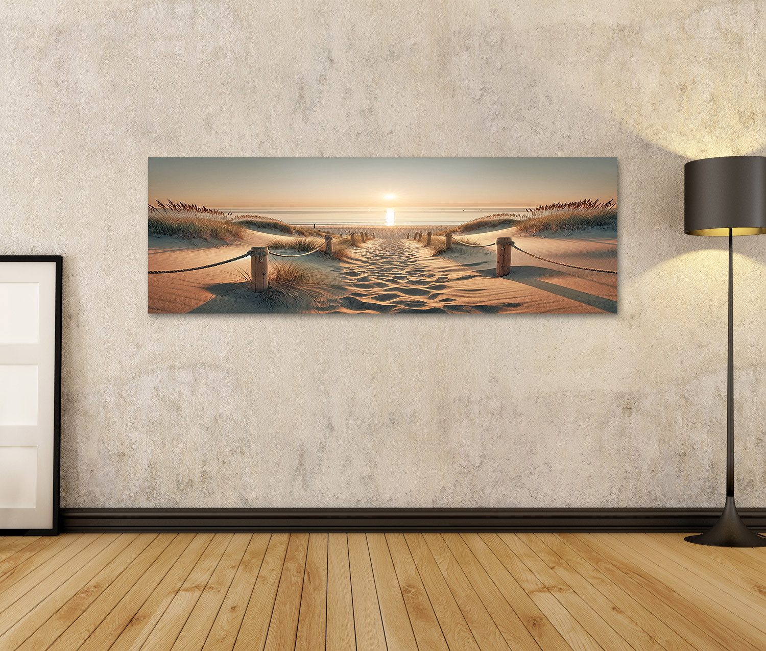 islandburner Leinwandbild Strand goldene Stunde Weg durch Sand Fußabdrücke