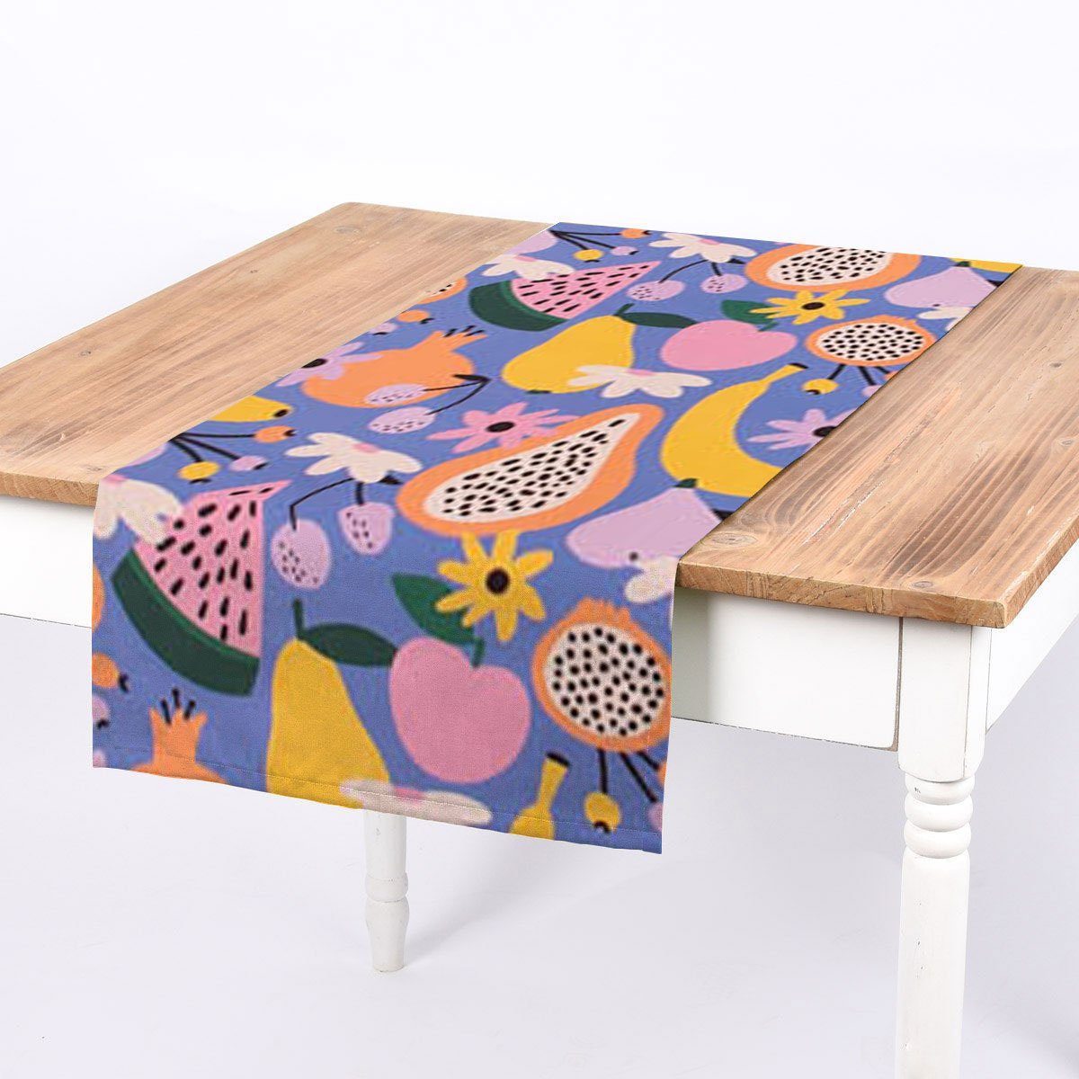 SCHÖNER LEBEN. Tischläufer SCHÖNER LEBEN. Tischläufer aus Baumwolle Retro Pop Obst Blumen lila b, Digitaldruck