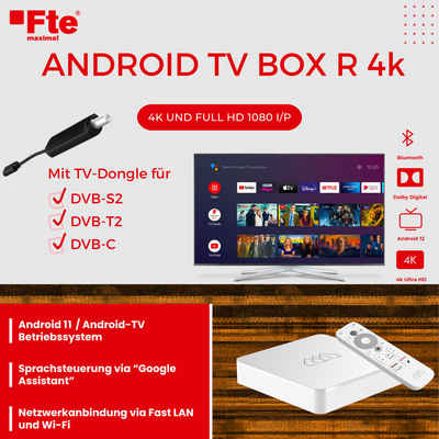 FTE Streaming Boxen Android TV Box R 4k mit TV-Dongle, Satelliten TV, Kabel TV, Terrestrisches TV
