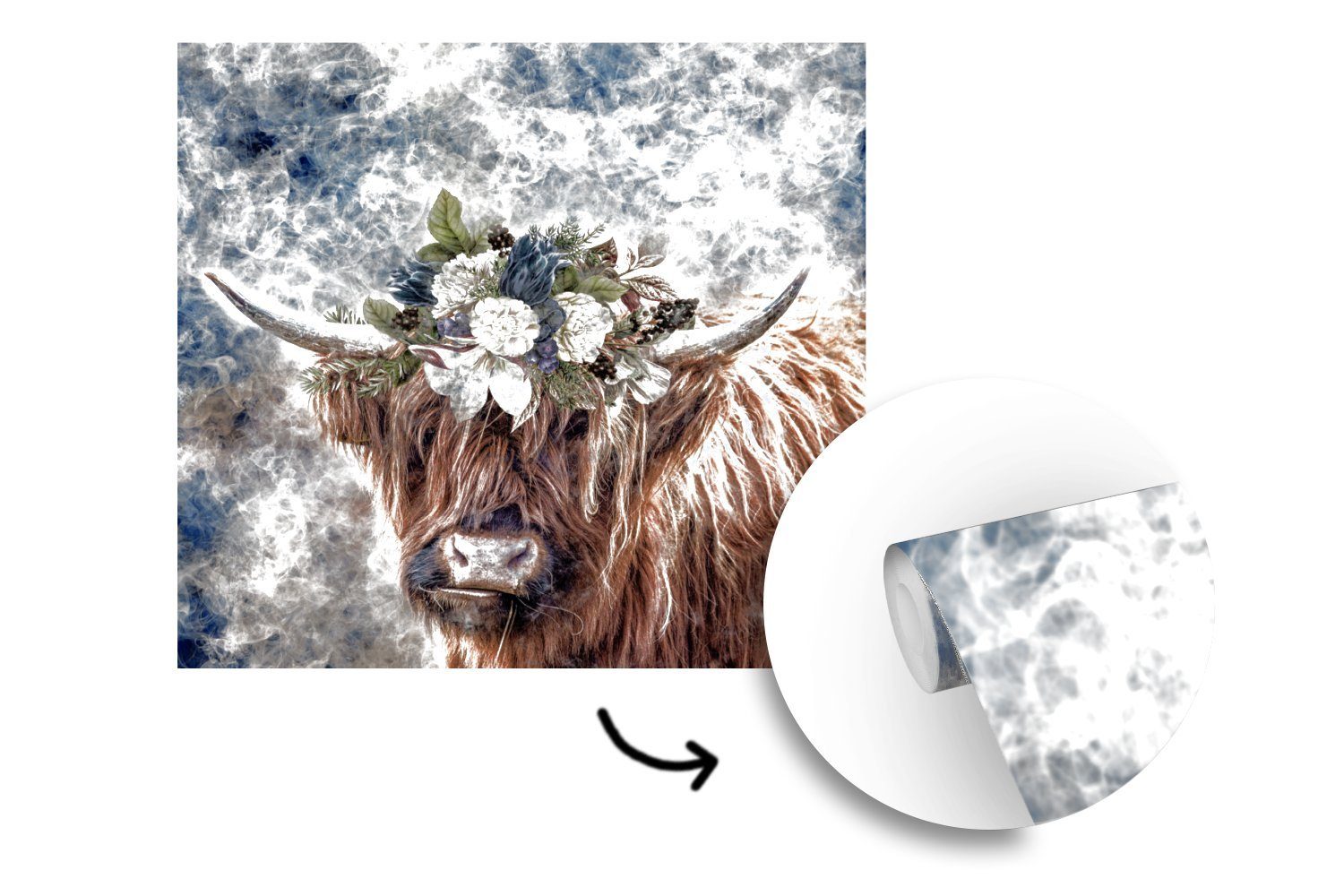 MuchoWow Fototapete Schottischer Tiere - bedruckt, Schlafzimmer, St), Blumen, (5 für Wohnzimmer Vinyl Wandtapete Highlander Matt, - oder Tapete