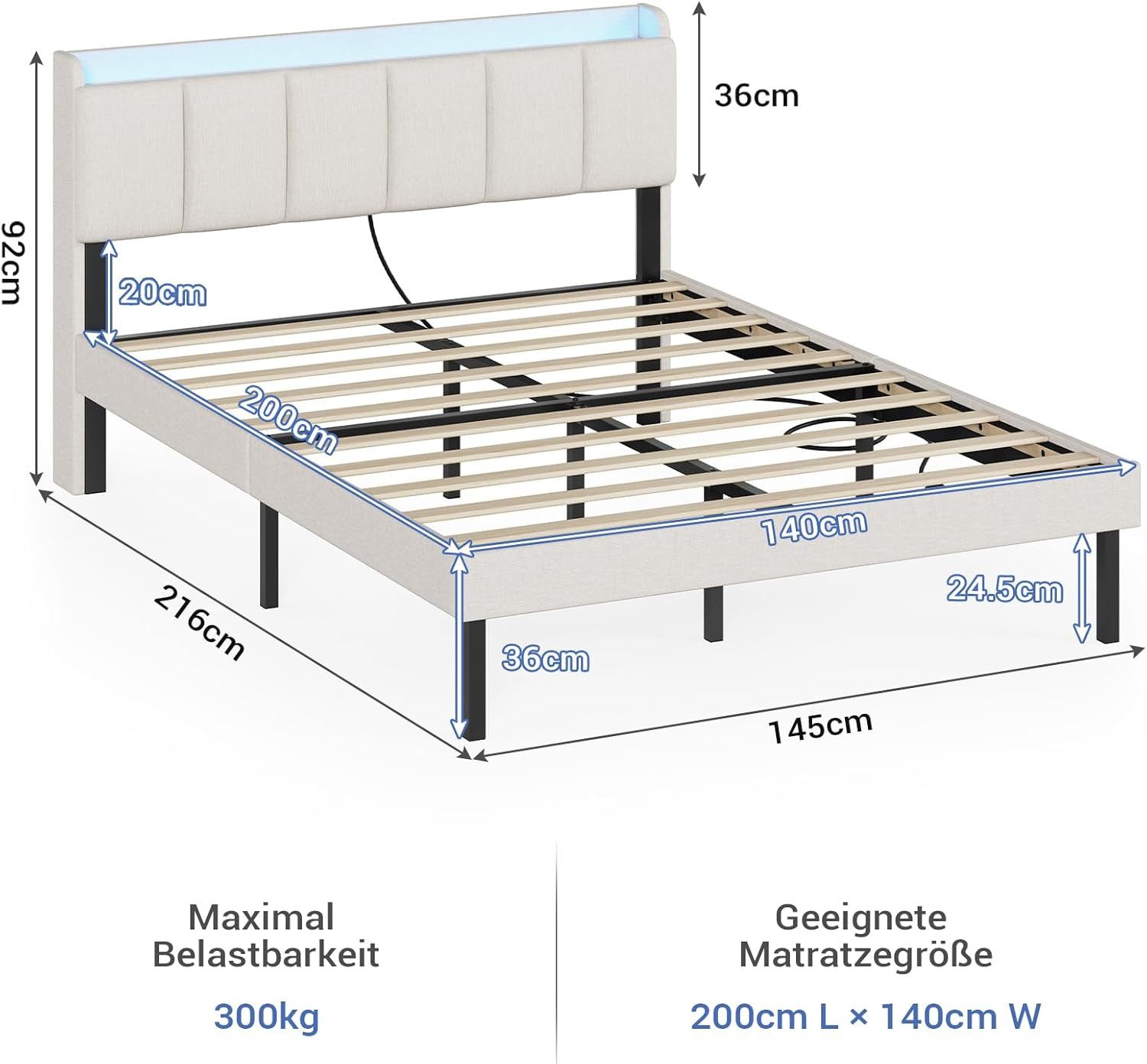 MSMASK Polsterbett Jugendbett mit LED-Beleuchtung und Ladestation (1-tlg., günstig online kaufen