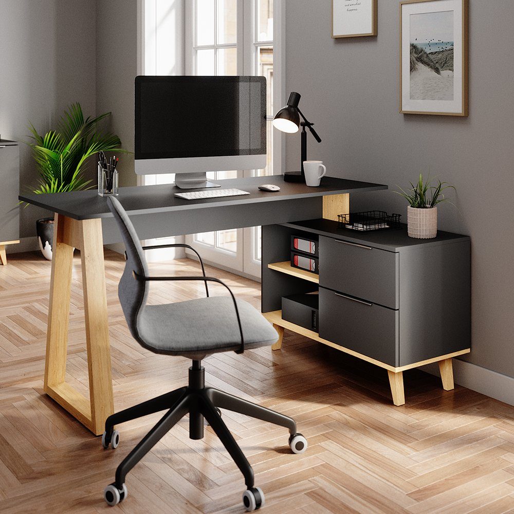 Vicco Schreibtisch Nautica, Anthrazit/Buche, 138 x 60 cm mit Schubladen, XL (1-St), verstellbar