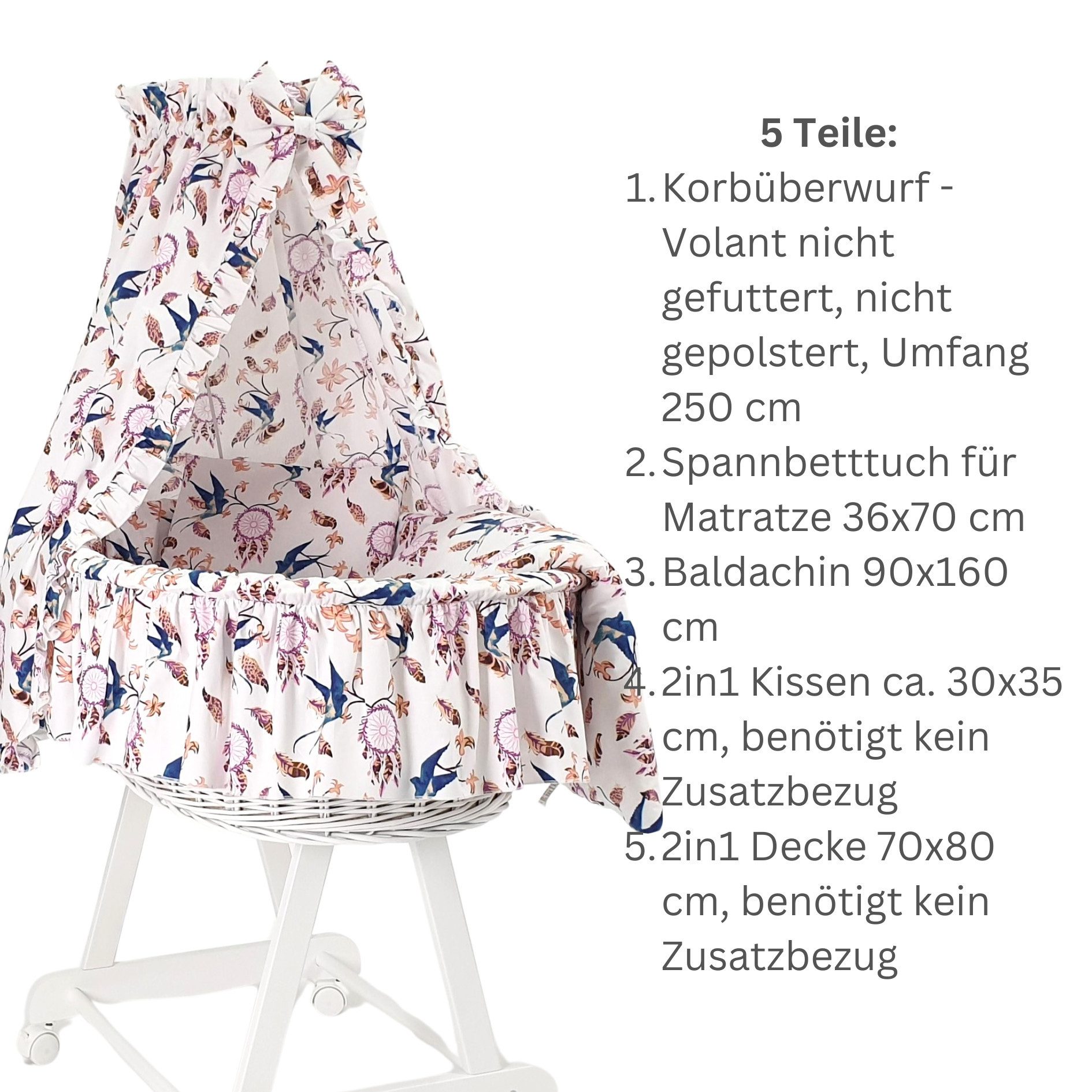 Babymajawelt Babybettbezug Ersatz Bett Set für Stubenwagen ver. Designs, Stoff Ausstattung, (5 St), Limited, Luftig Leicht, Allergiker geeignet, Fabelhaft - Made in EU