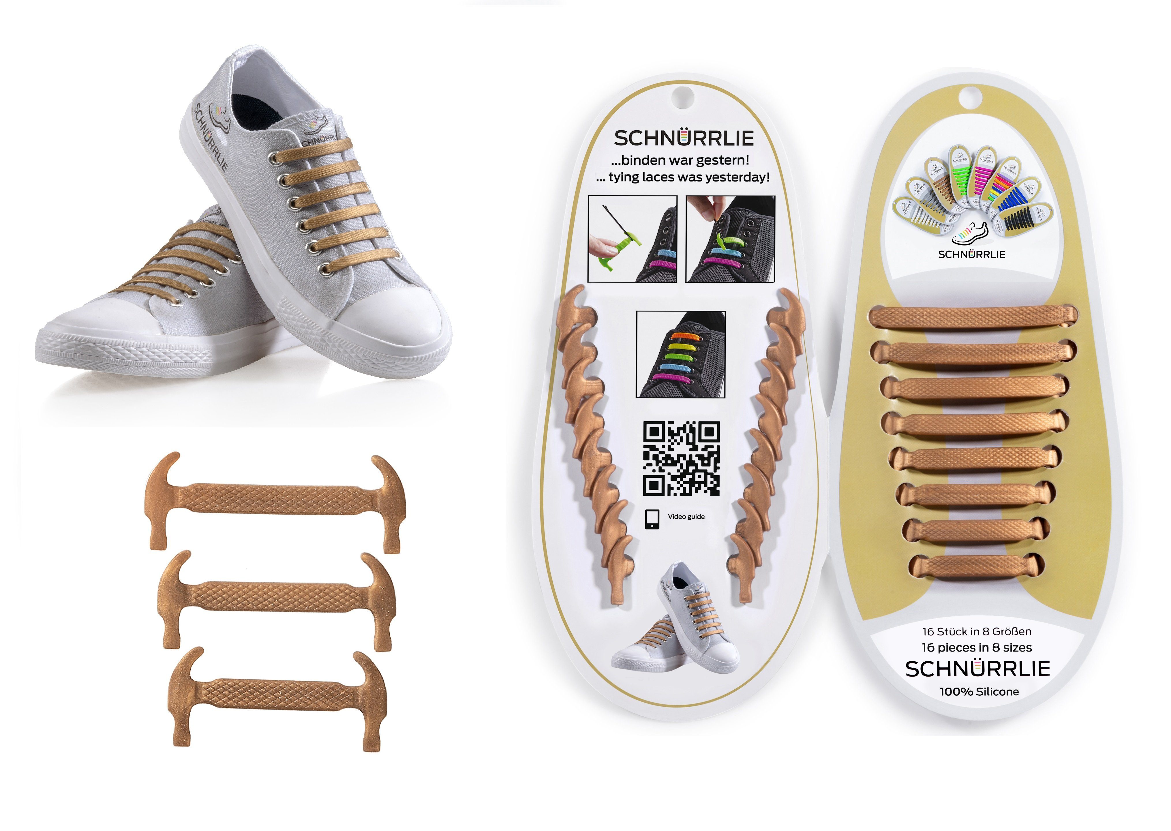 Silikon SCHNÜRRLIE - Laces, Sneaker, uvm für Schnürsenkel elastische Gold Turnschuhe, flache Schnürbänder Sportschuhe