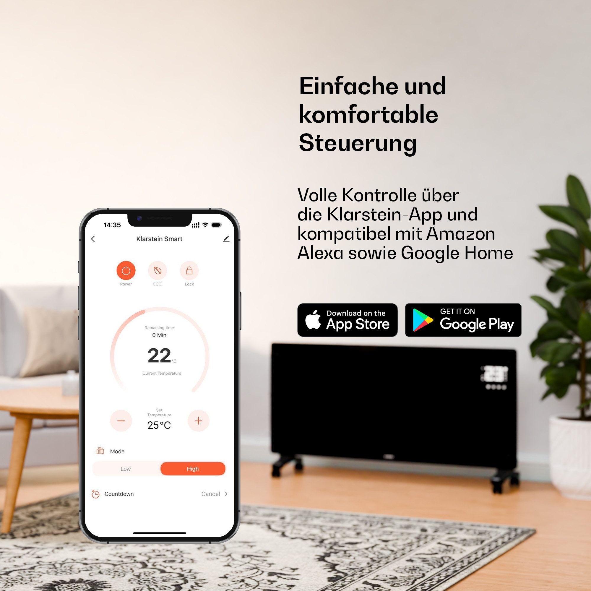 Klarstein Heizstrahler Bornholm Smart 2500, Heizung Elektrische Heizstrahler Badezimmer Küche Wifi LED Weiß – Bild 3 von 5