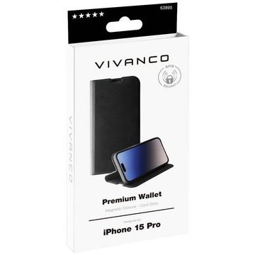 Vivanco Handyhülle Premium Wallet für iPhone 15 Pro, Spritzwasserfest, Staubdicht, Wasserabweisend, Standfunktion