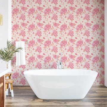 Abakuhaus Vinyltapete selbstklebendes Wohnzimmer Küchenakzent, Frühling Pinkish Aquarell Blumen