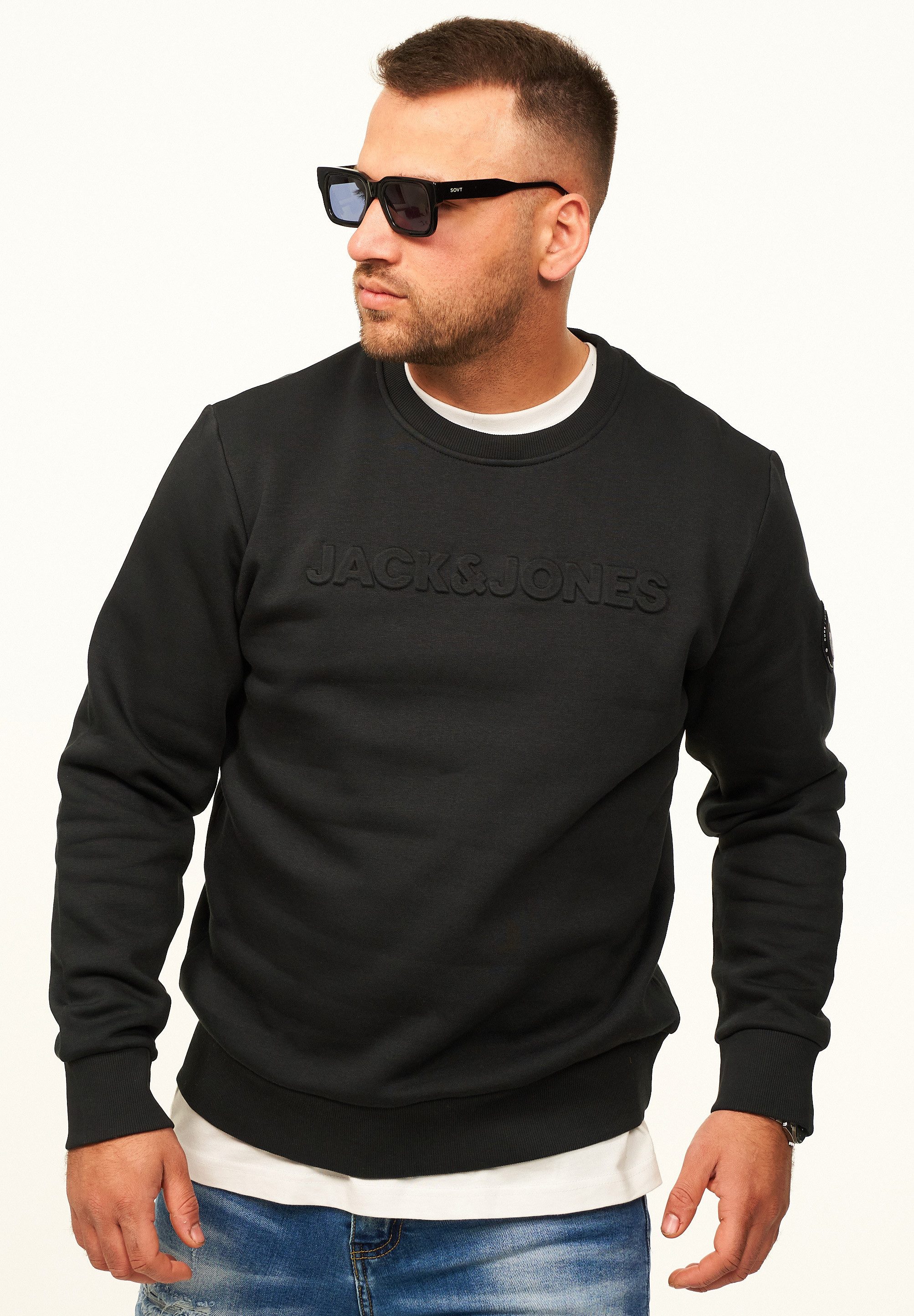 Jack & Jones Sweatshirt Pullover - Rundhalspullover mit Crew-Neck im Regular Fit für Herren Männer Sweatpullover mit Logo & Patch aus Baumwollmischung