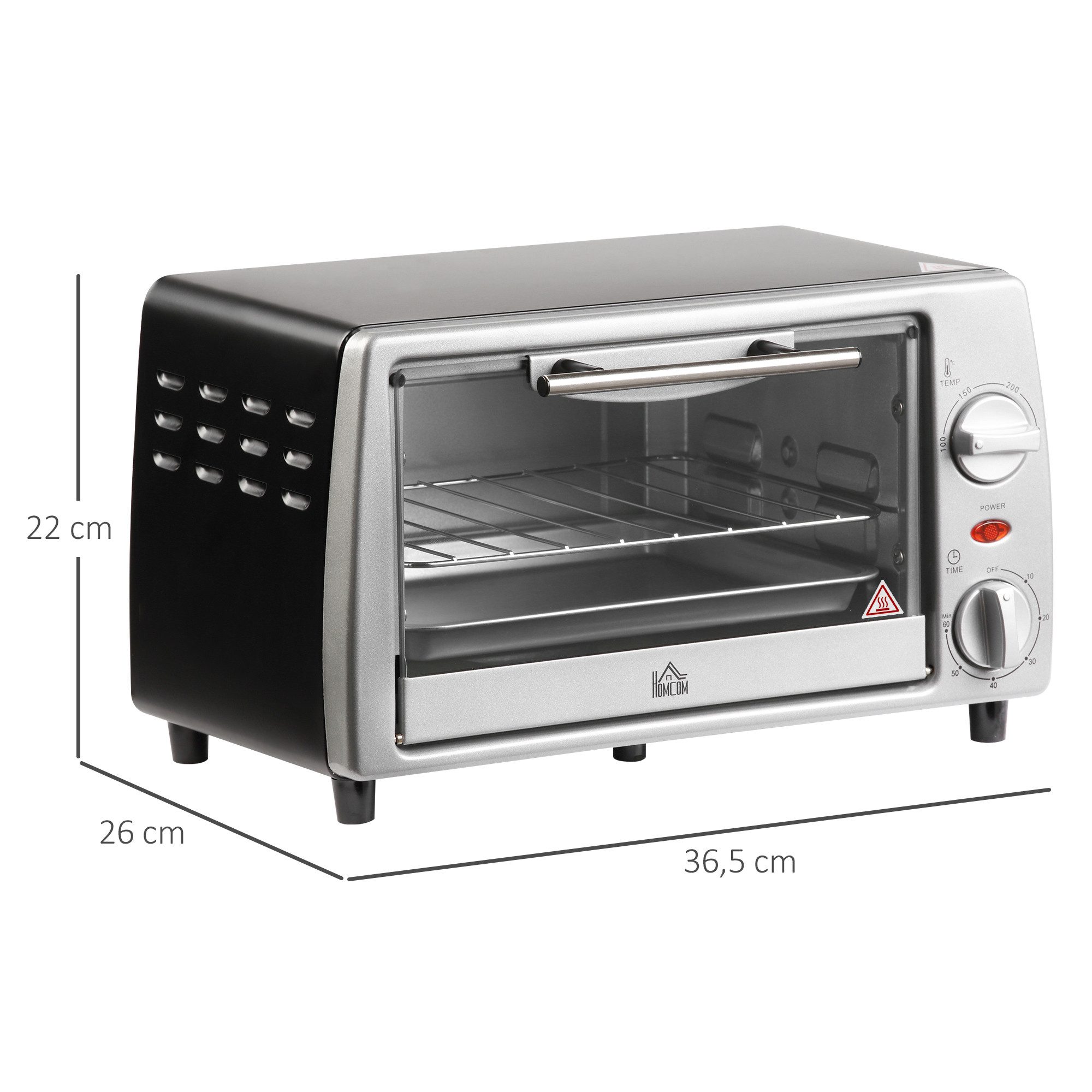 HOMCOM Minibackofen 10 Liter 750W Kleiner Elektrobackofen mit Temperatur, zum Grillen, Backen, Toasten, Silber
