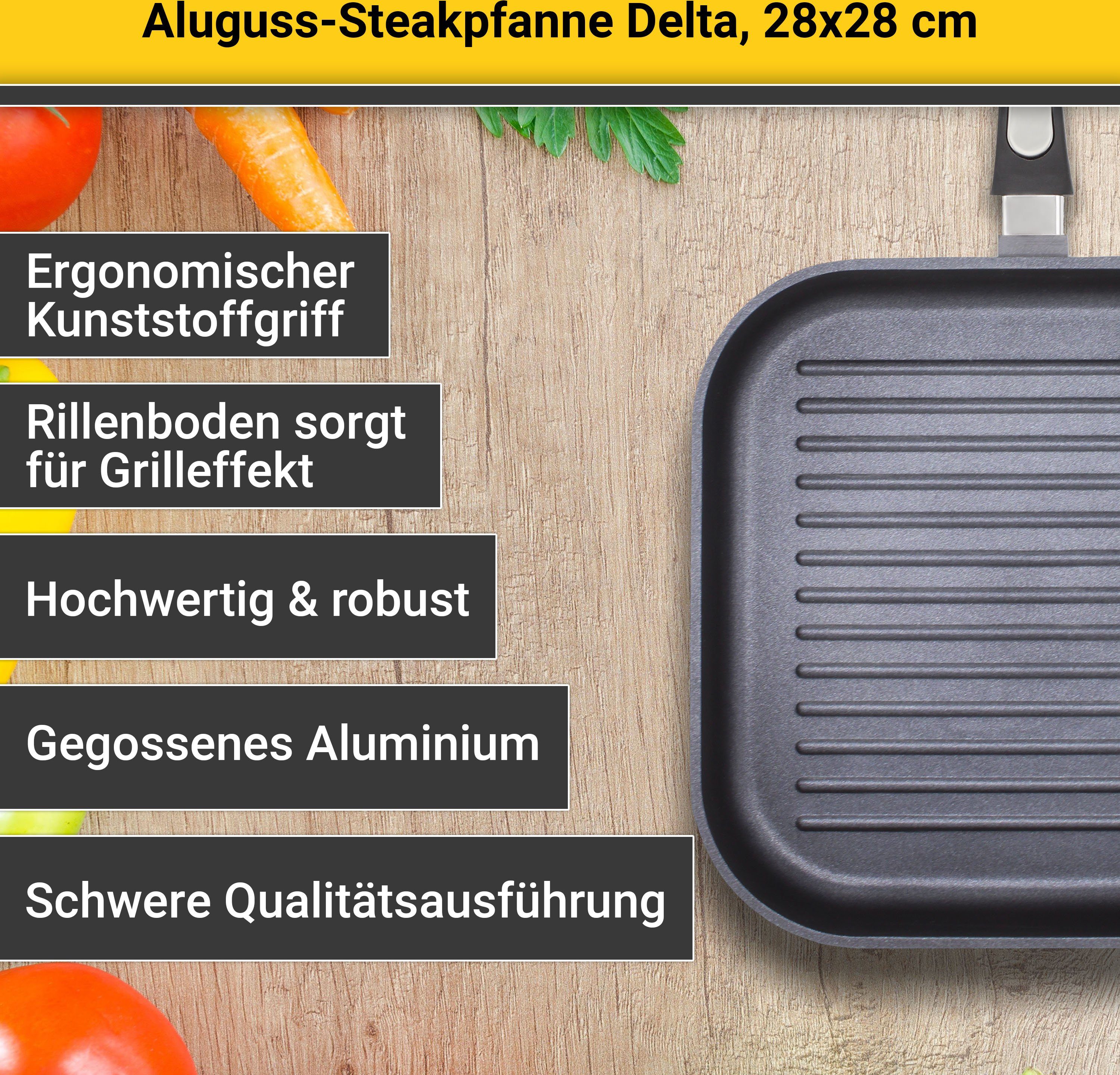 Krüger Steakpfanne Aluguss Grill-Steakpfanne DELTA, 28 x 28 cm, Aluminiumguss (1-tlg), für Induktions-Kochfelder geeignet