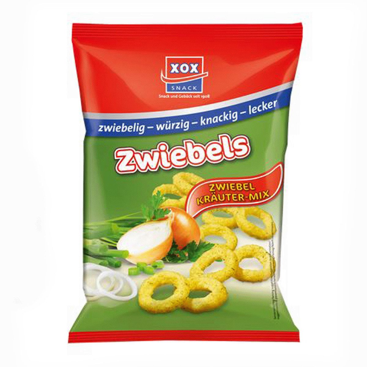 XOX Knabberei, XOX Zwiebelringe Kräuter Mix Mais Snack mit Zwiebelgeschmack 40g
