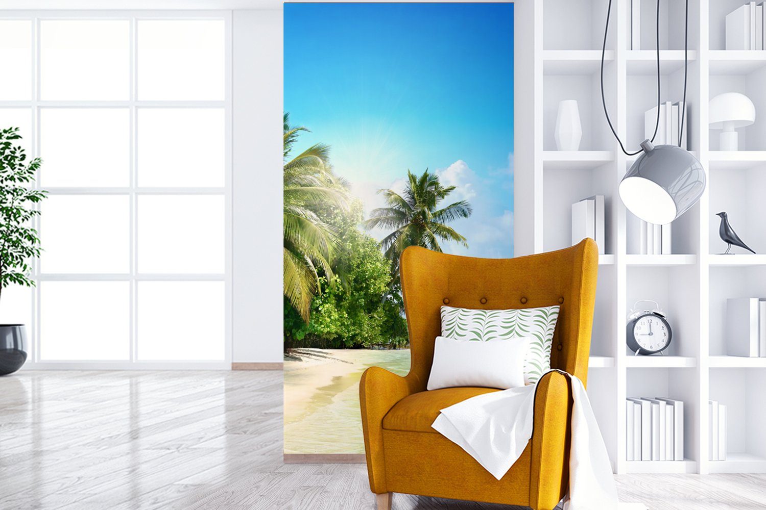 Strand für bedruckt, (2 Blau Fototapete - Fototapete St), - Palme Küche, Wohnzimmer Grün, Tropisch MuchoWow - Schlafzimmer - - Vliestapete Meer Matt,