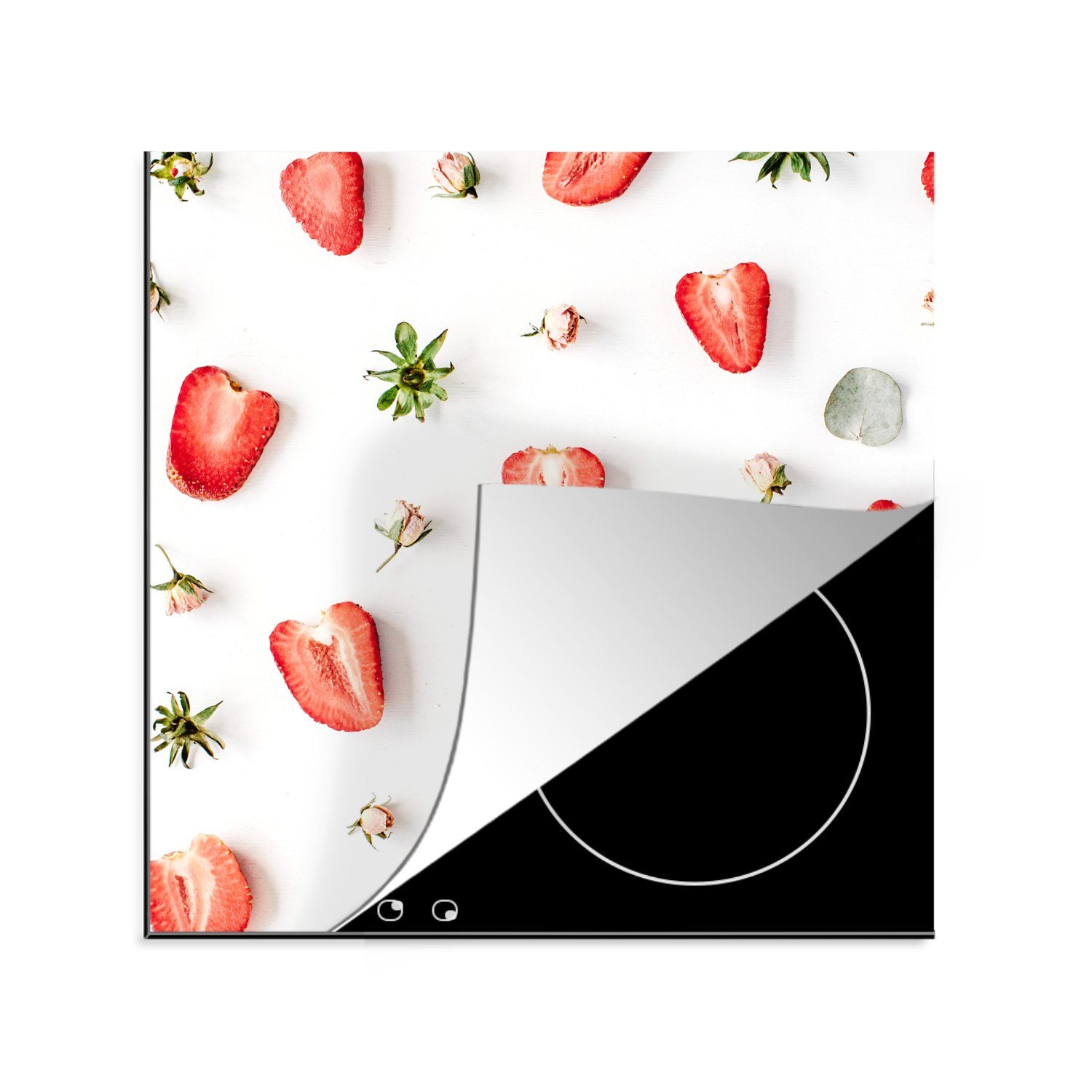 (1 für Sommer Herdblende-/Abdeckplatte Ceranfeldabdeckung, cm, 78x78 MuchoWow Arbeitsplatte küche - - Vinyl, Eiswürfel, tlg), Erdbeeren