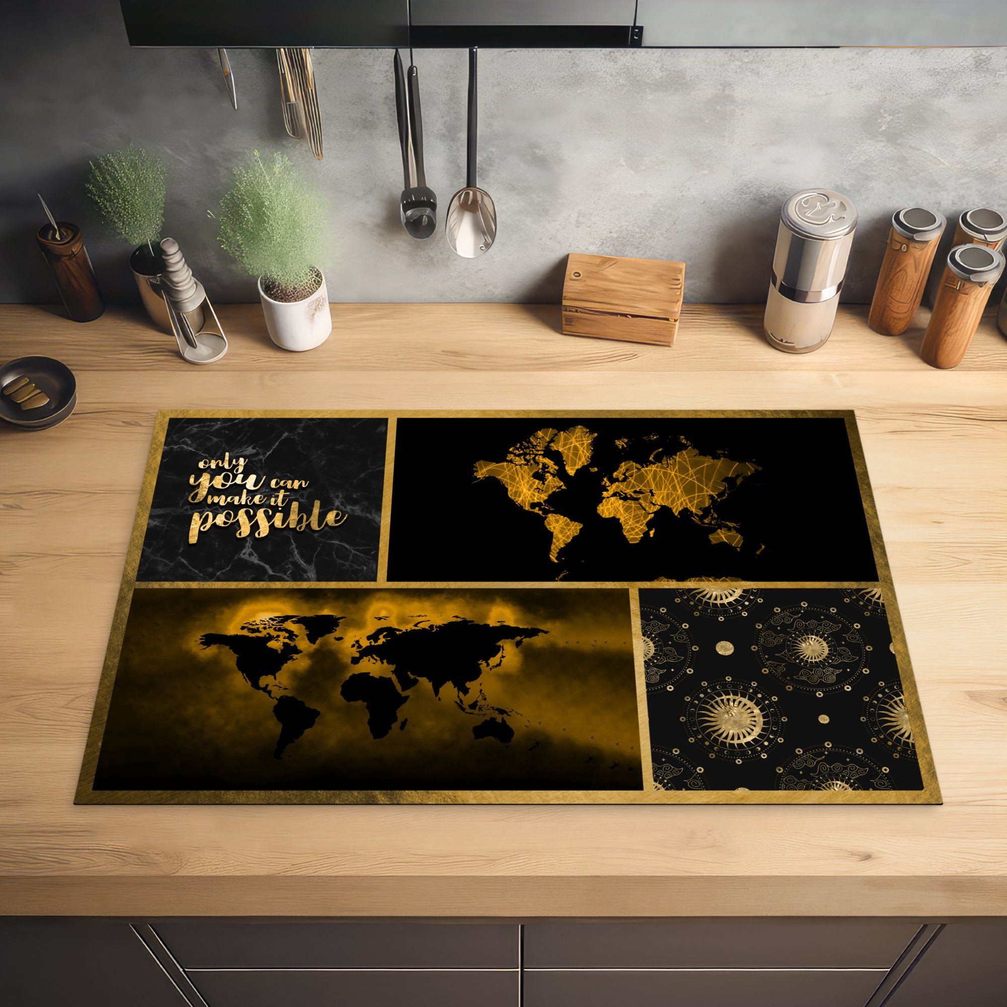 küche, MuchoWow 81x52 die Ceranfeldabdeckung Gold, cm, Herdblende-/Abdeckplatte Weltkarte tlg), - Schutz - Collage Induktionskochfeld für - Vinyl, (1 Luxus