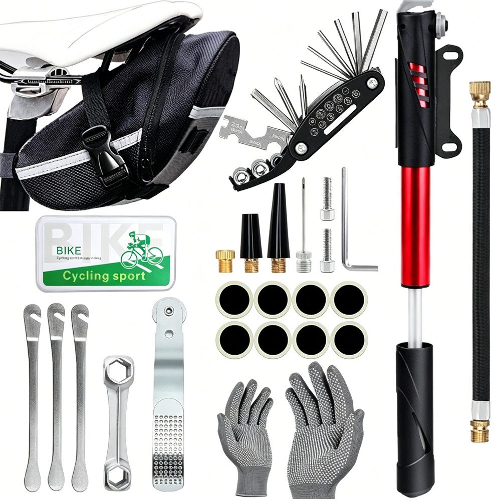 AFKSMILE Fahrrad-Reparaturset Fahrrad-Reparaturset,Reifenreparaturset und Fahrradpumpe mit 120 PSI, 26-St., 16-in-1-Multifunktionswerkzeug,Tragbares Flickzeug,Notfall-Werkzeugset