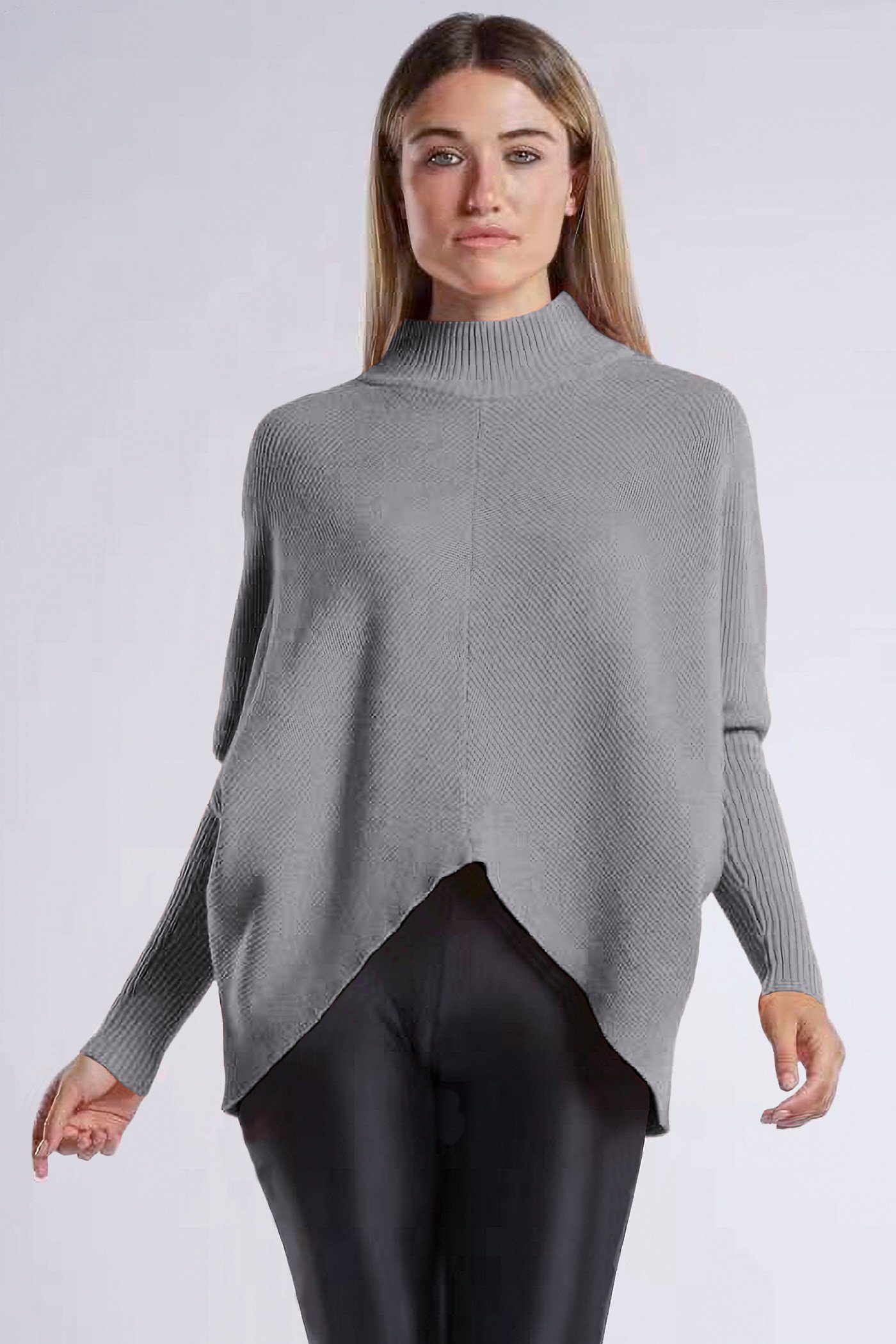 grau PEKIVESSA (1-tlg) hinten Strickpullover Rippstrick länger Oversized Pullover Fledermausärmel Damen