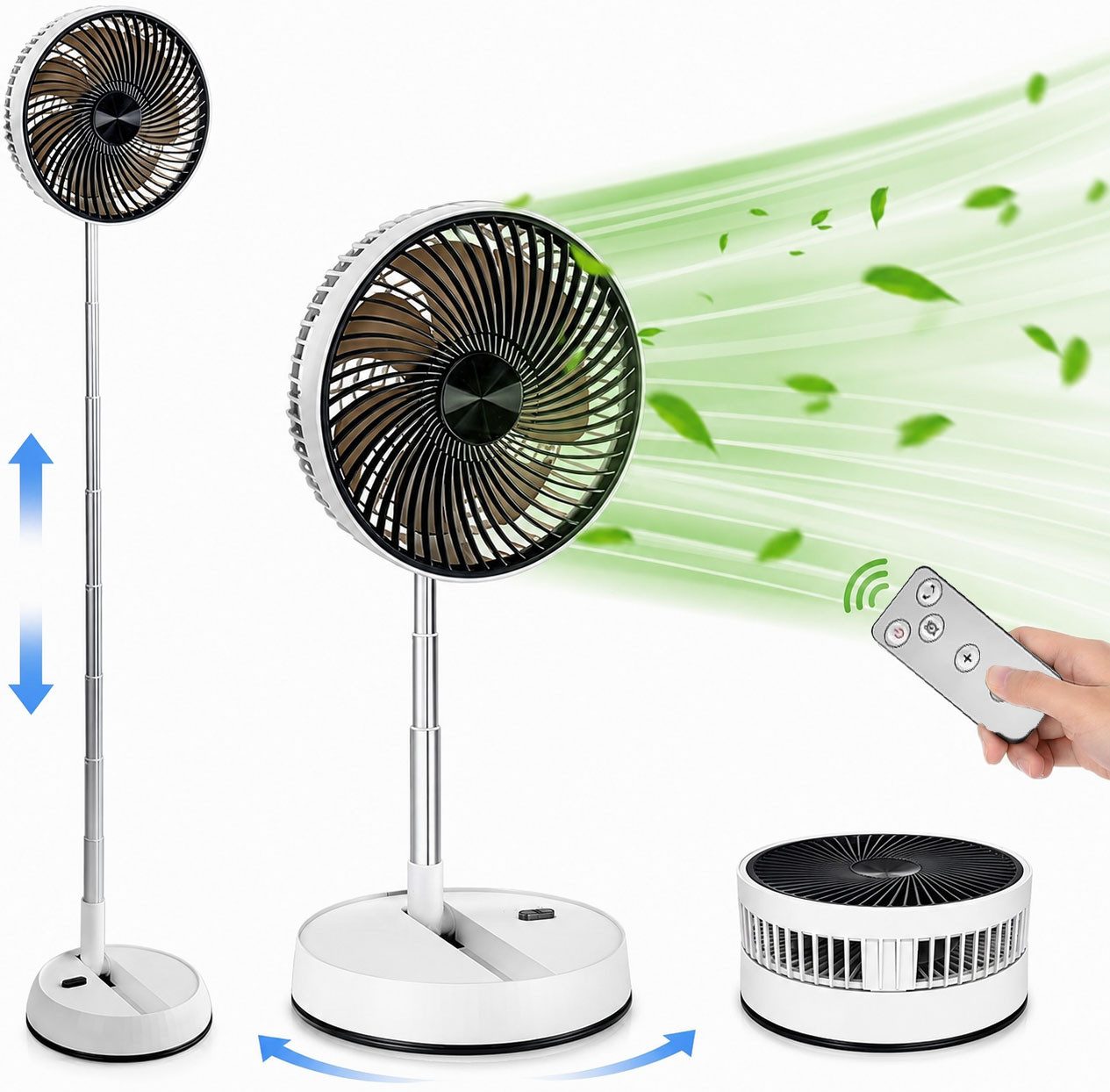 MOPUEA Akku-Standventilator Akku-Standventilator mit Fernbedienung, Tragbarer zusammenklappbarer, Höhenverstellbar, 4 Geschwindigkeitsstufen, mit Fernbedienung für Büro
