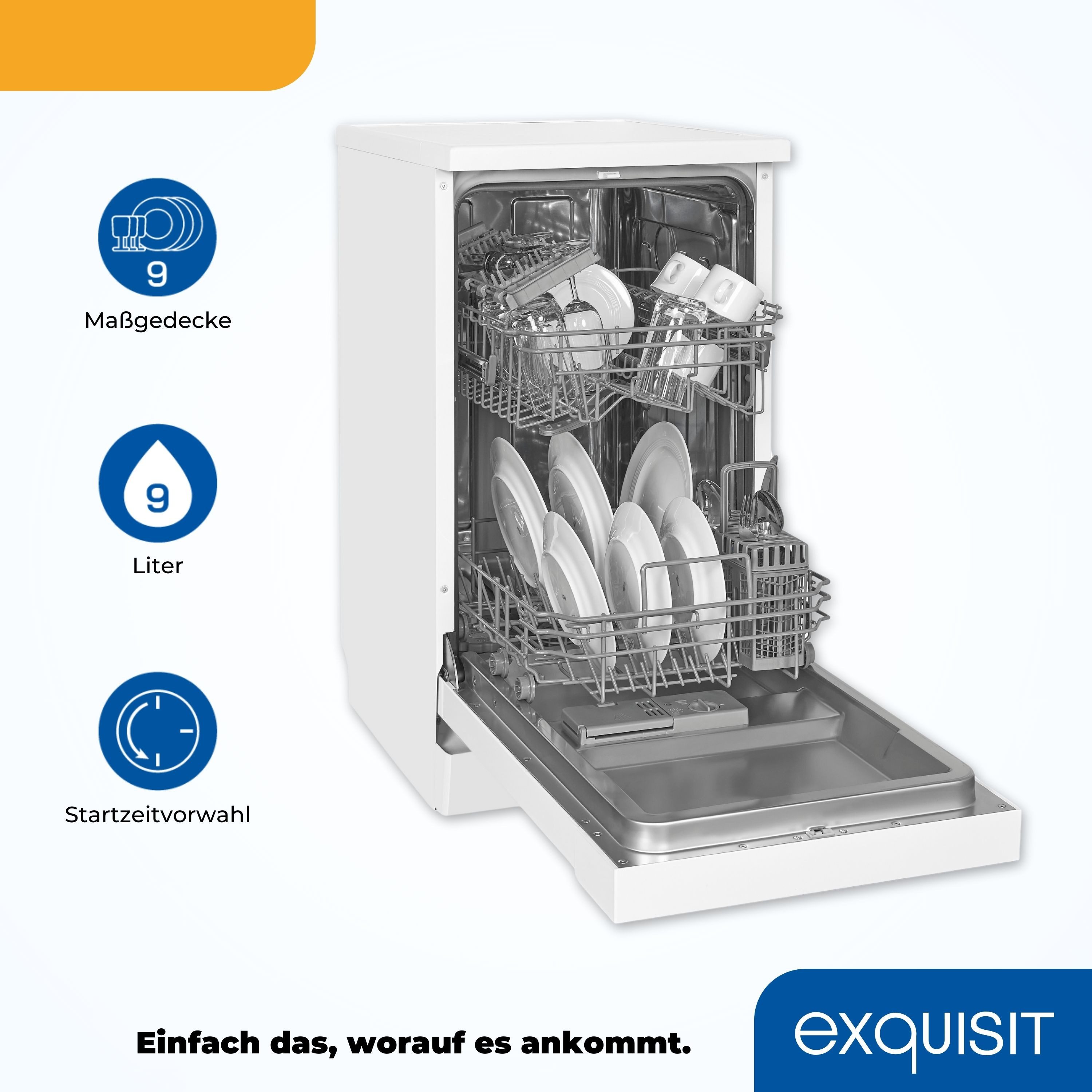 exquisit Standgeschirrspüler PLUS GSP9309-030E, 9 Maßgedecke, 45 cm, Unterbaufähig, einfache Bedienung, LED Display