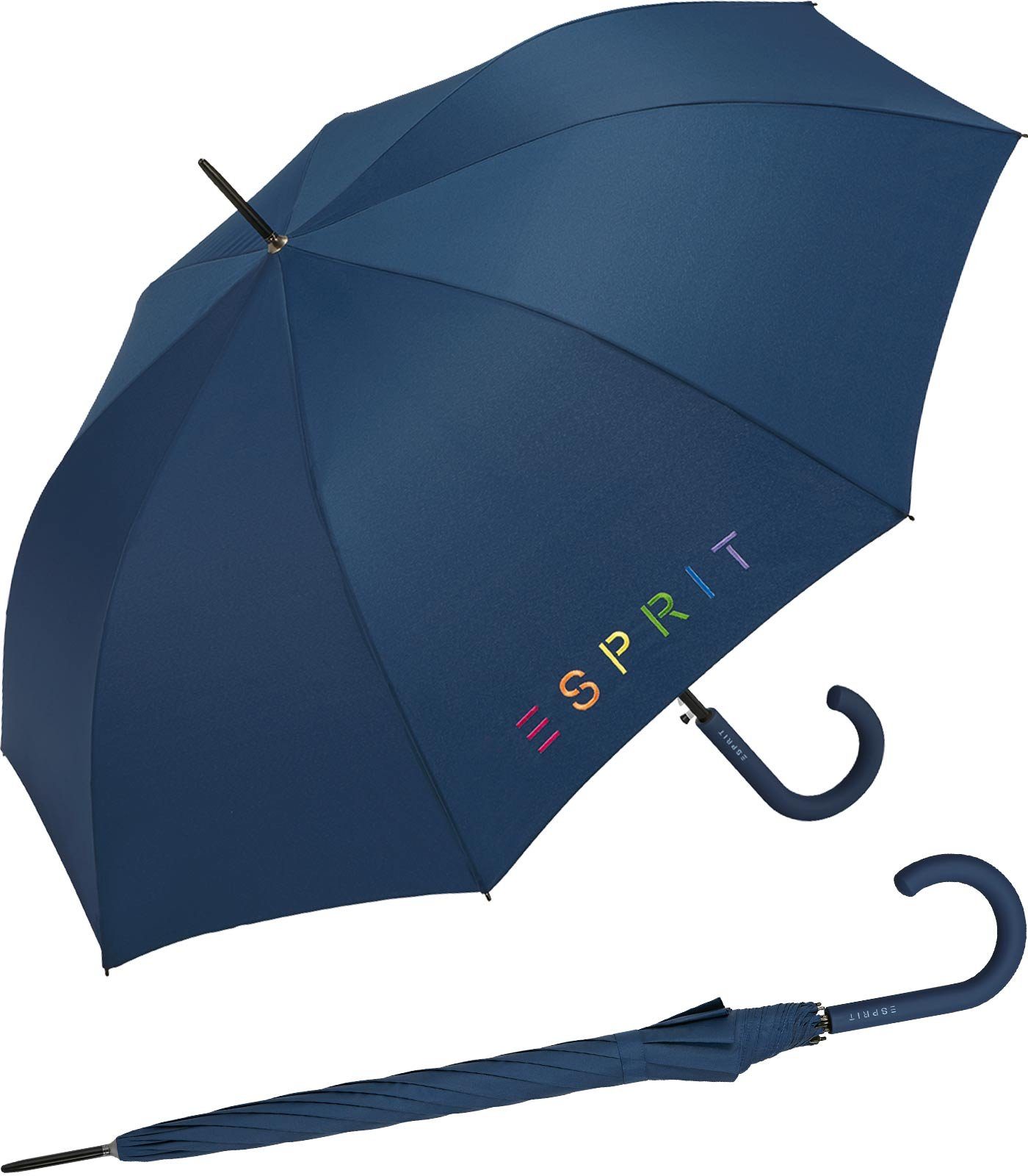 Esprit Langregenschirm Damen-Regenschirm Colorful Logo, bunt bedruckt mit Esprit-Schriftzug blau