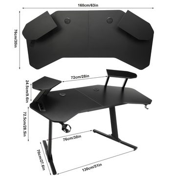 OULENBIYAR Gamingtisch Gaming Schreibtisch Ergonomischer Gamer Desk, 160 x 60x 72 cm, mit 2 Ständern ausgestattet, Kopfhörerhaken und Getränkehalter