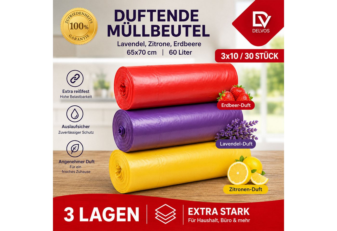 Jungengel Müllbeutel Set Müllsäcke Groß Mülltüten Abfallsäcke Abfallbeutel Reißfest, Zubehör für 60-Liter-Mülleimer, Abfallbehälter, Mülltonnen, Küchenabfalleimer, Haushaltsmülleimer, 3-lagig, reißfest, duftend, 30x Stück, 60 Liter Fassungsvermögen