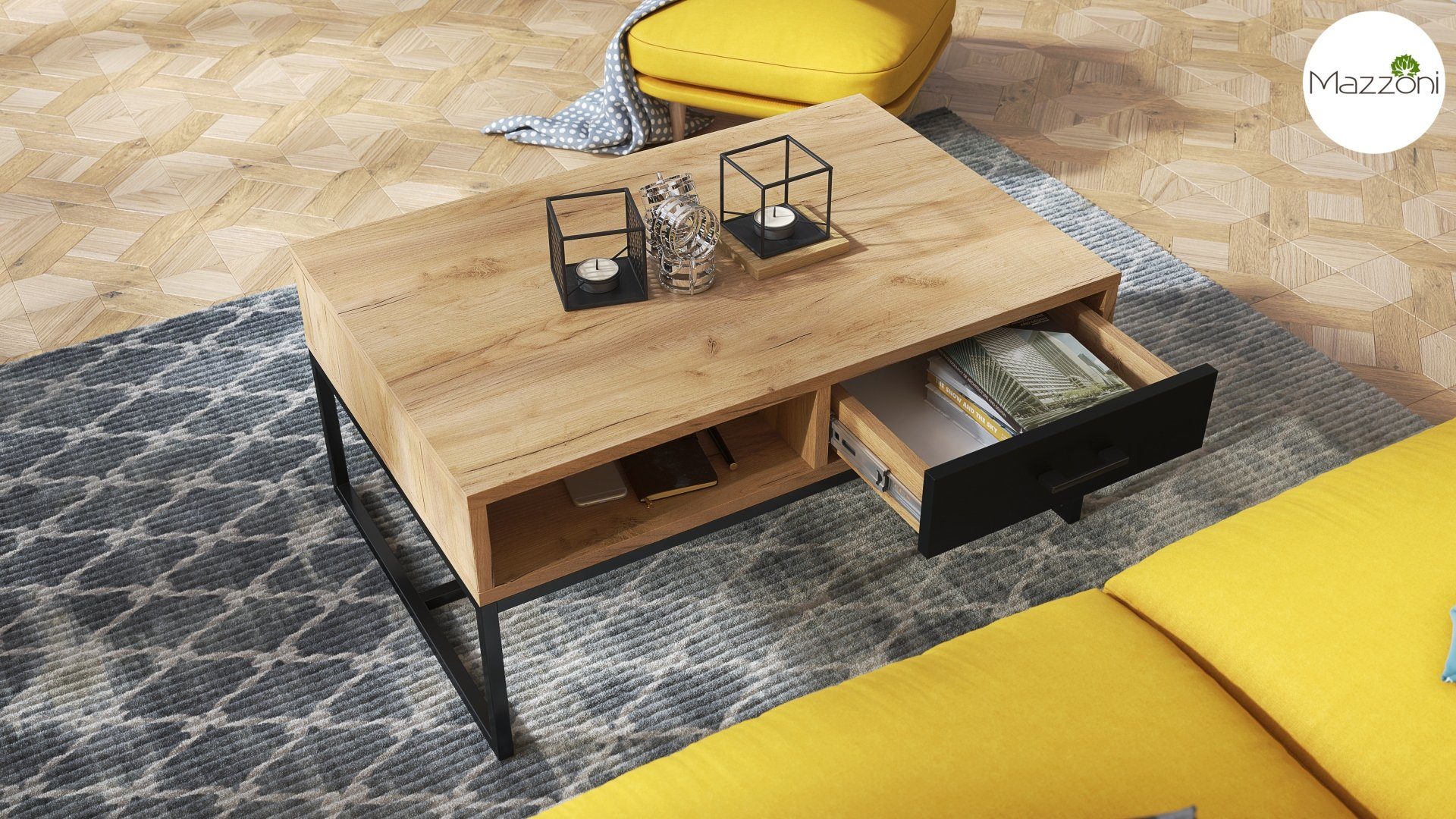 Mazzoni Couchtisch Design Tisch / Gold Ablage matt Schublade Wohnzimmertisch mit 60x90x40cm craft Eiche Nyx Schwarz